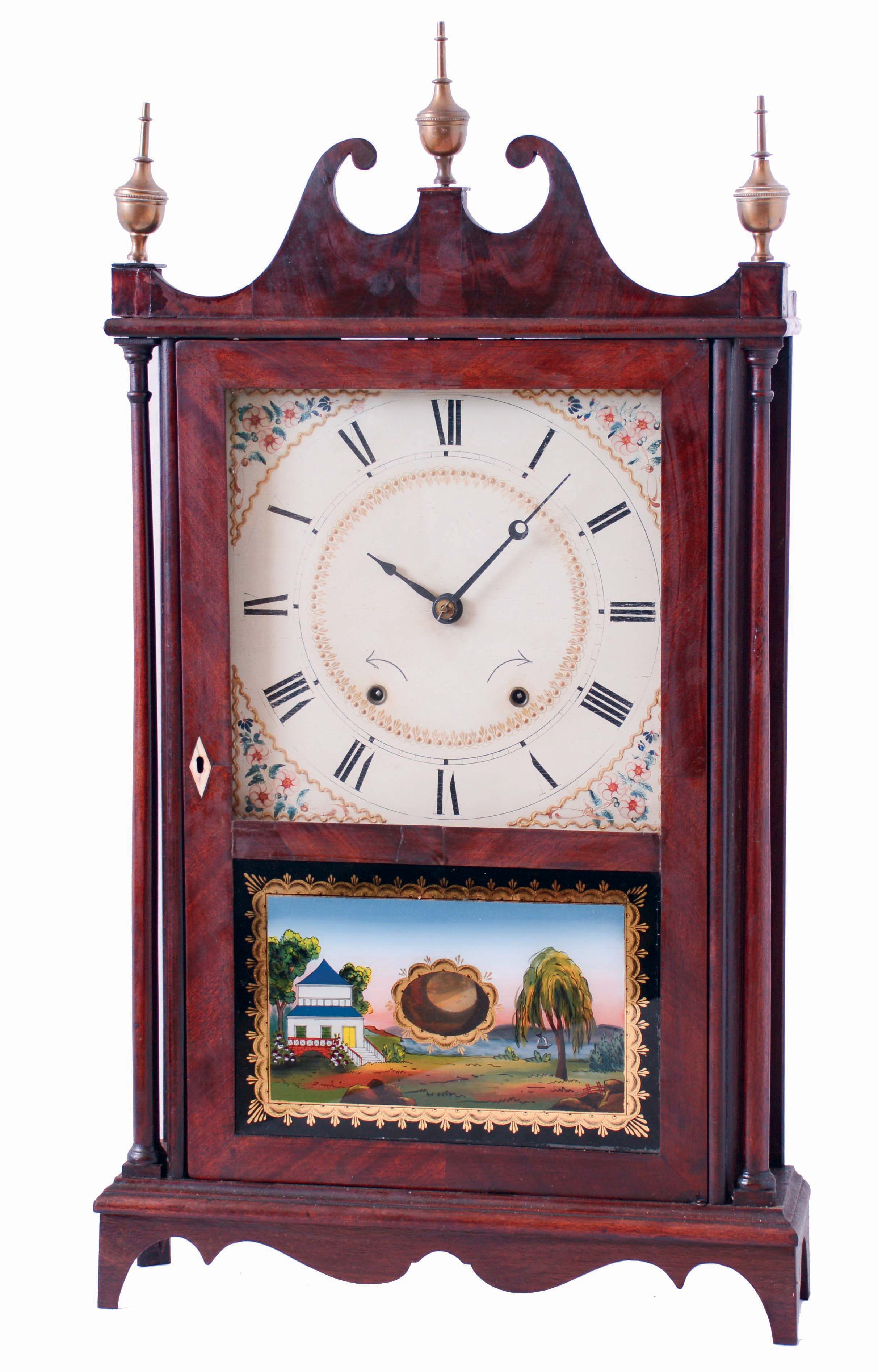 Eli &amp; Samuel Terry, Plymouth, Conn., mahogany pillar and scroll wood movement, 30 hours weight driven shelf clock, c1825 — Antique Clocks Price Guide
