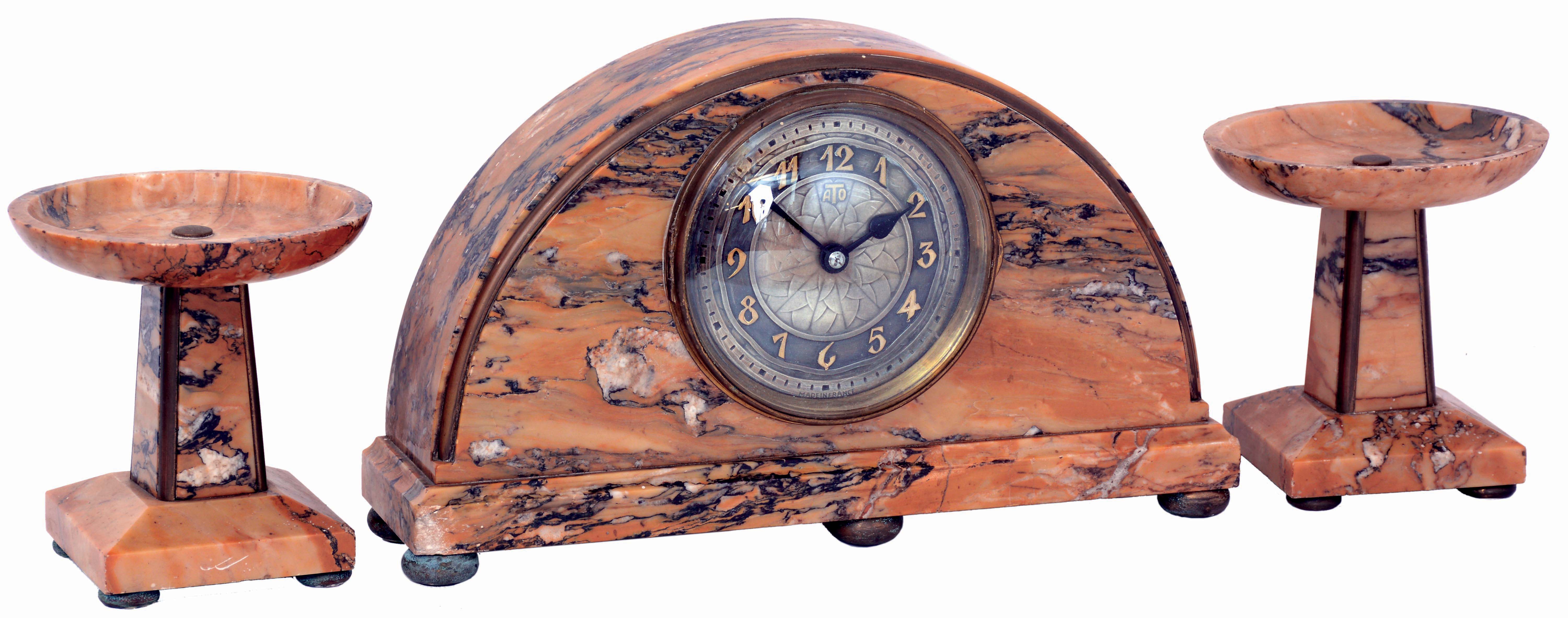 ATO Hatot French electro-mechanical marble mantel clock with pair of urn garnitures, c1925 — Antique Clocks Price Guide