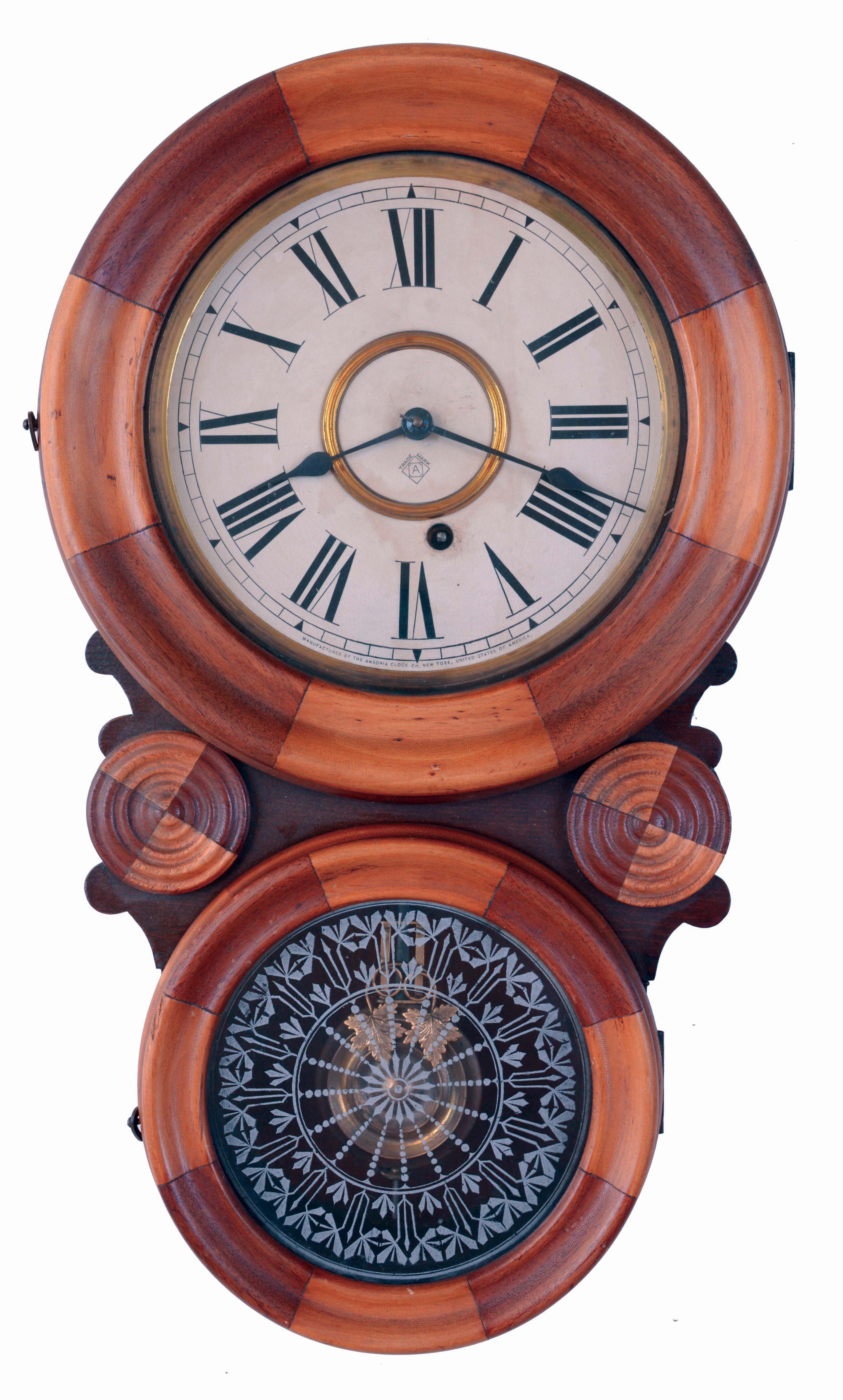 Ansonia Clock Co., Ansonia, Conn., "8 Inch Kobe", 8 days, spring brass movement mosaic case wall timepiece, c1901 — Antique Clocks Price Guide