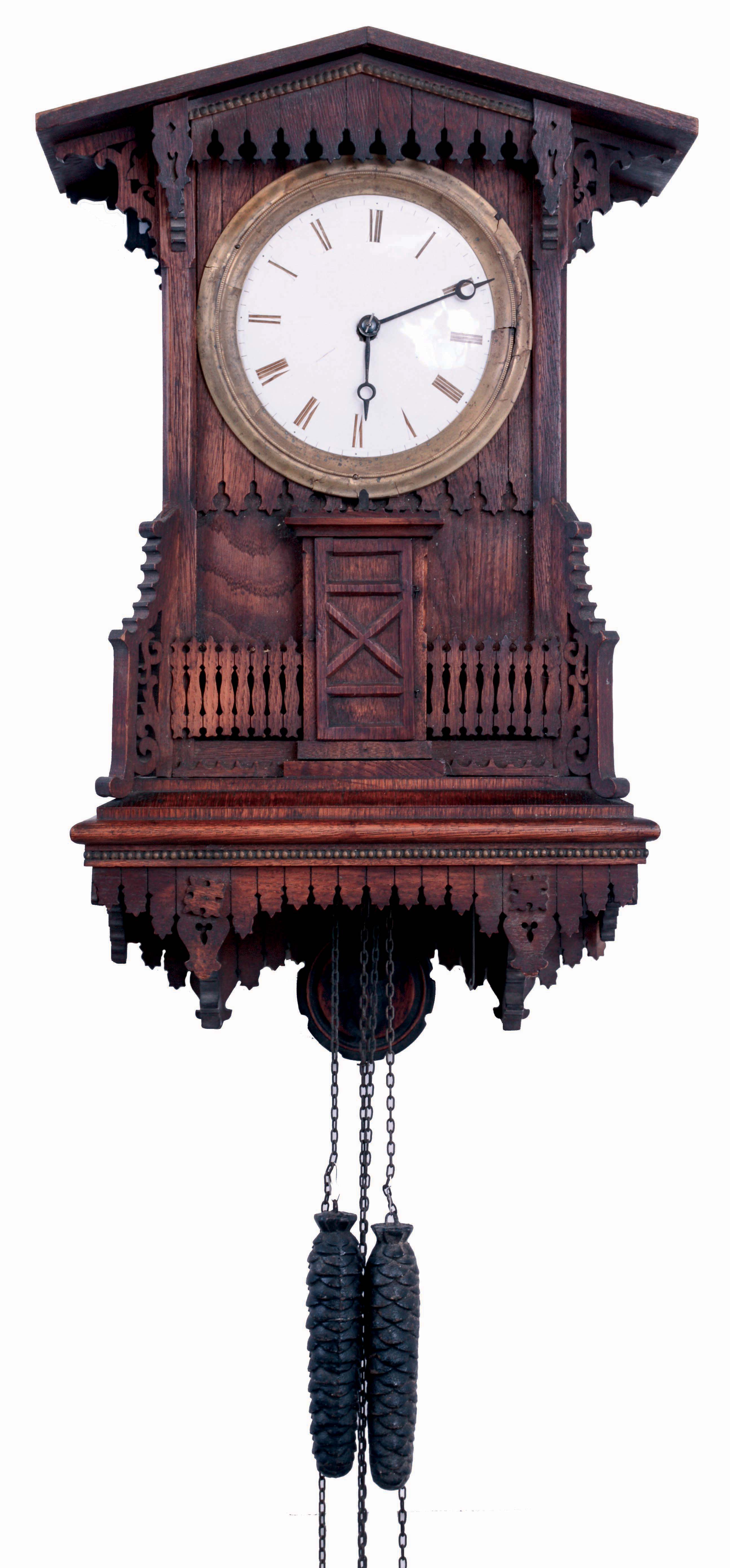 German, Black Forest, CHALET TRUMPETER, with 6 inch porcelain dial , brass dial and moon hands, wooden plate movement, 2-weight, 3-note, c1870 — Antique Clocks Price Guide