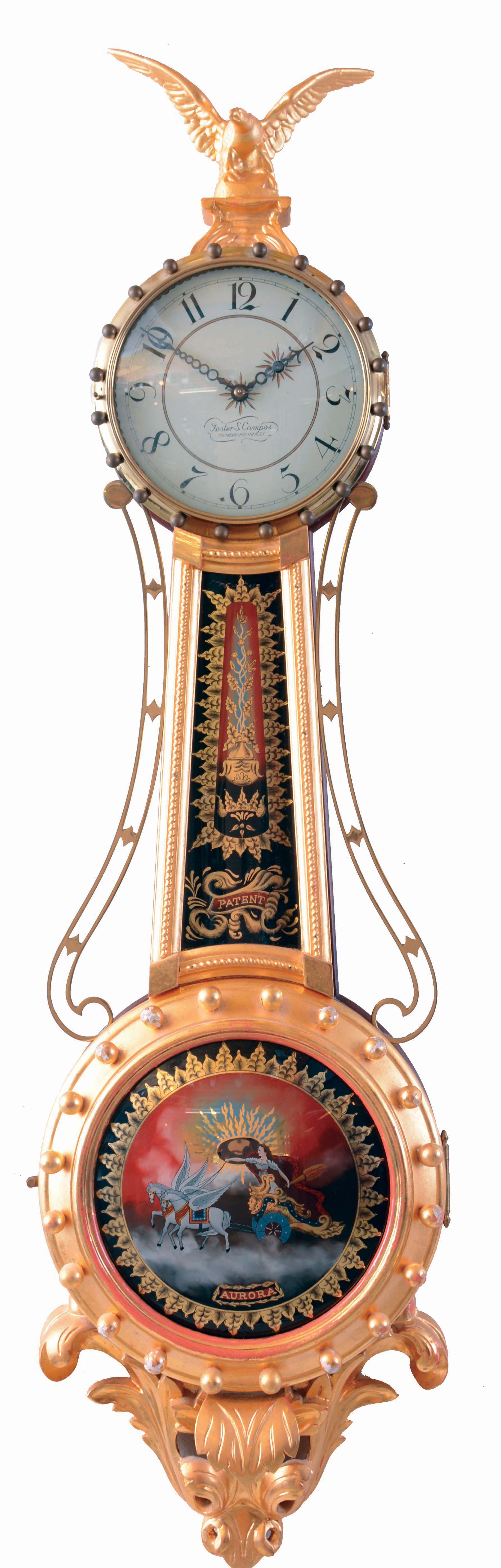 Foster Campos, Pembroke, Mass., girandole clock, mahogany case with gilt frames and bracket, gilt eagle finial, convex, paint decorated tablets, the lower featuring Aurora in her chariot, Arabic numeral white painted dial, 8 days weight driven timepiece movement, serial #14 — Antique Clocks Price Guide