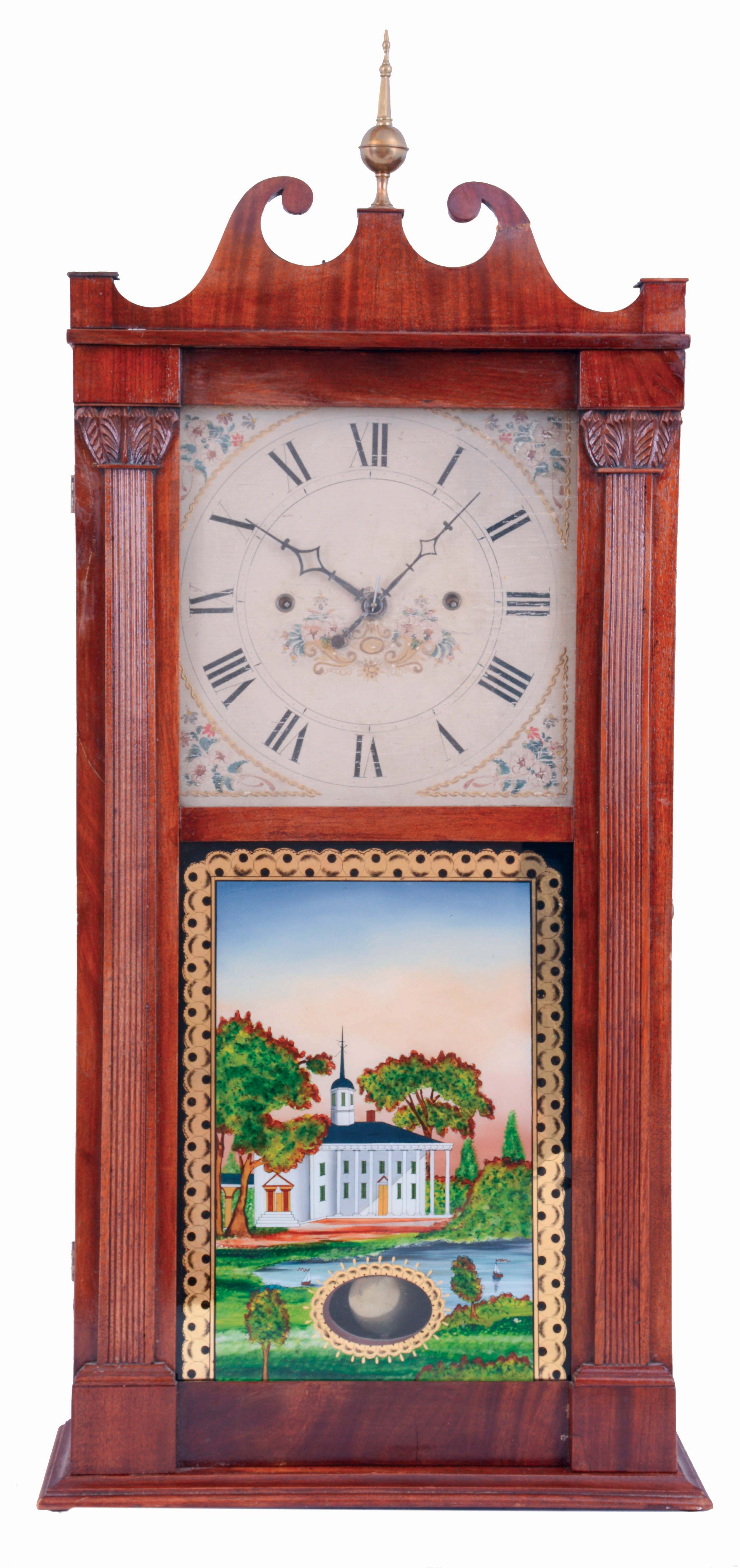 Jerome, Darrow &amp; Co., Bristol, Conn., 30 hours, time and strike, weight driven wood movement, reeded pilaster &amp; scroll top mahogany shelf clock, c1826 — Antique Clocks Price Guide