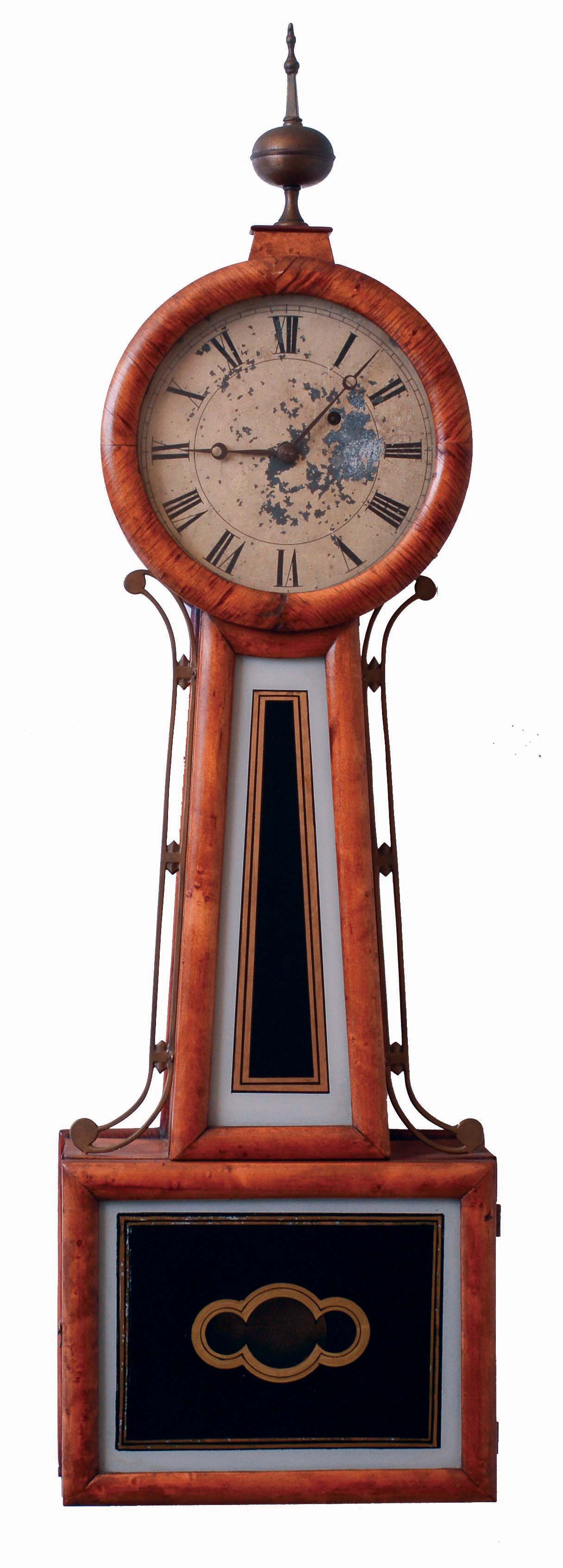 Attleboro, Mass., style banjo wall clock, 8 days, time only, weight driven movement with a maple or light mahogany case with a painted metal dial and reverse painted throat and lower tablets, c1860 — Antique Clocks Price Guide