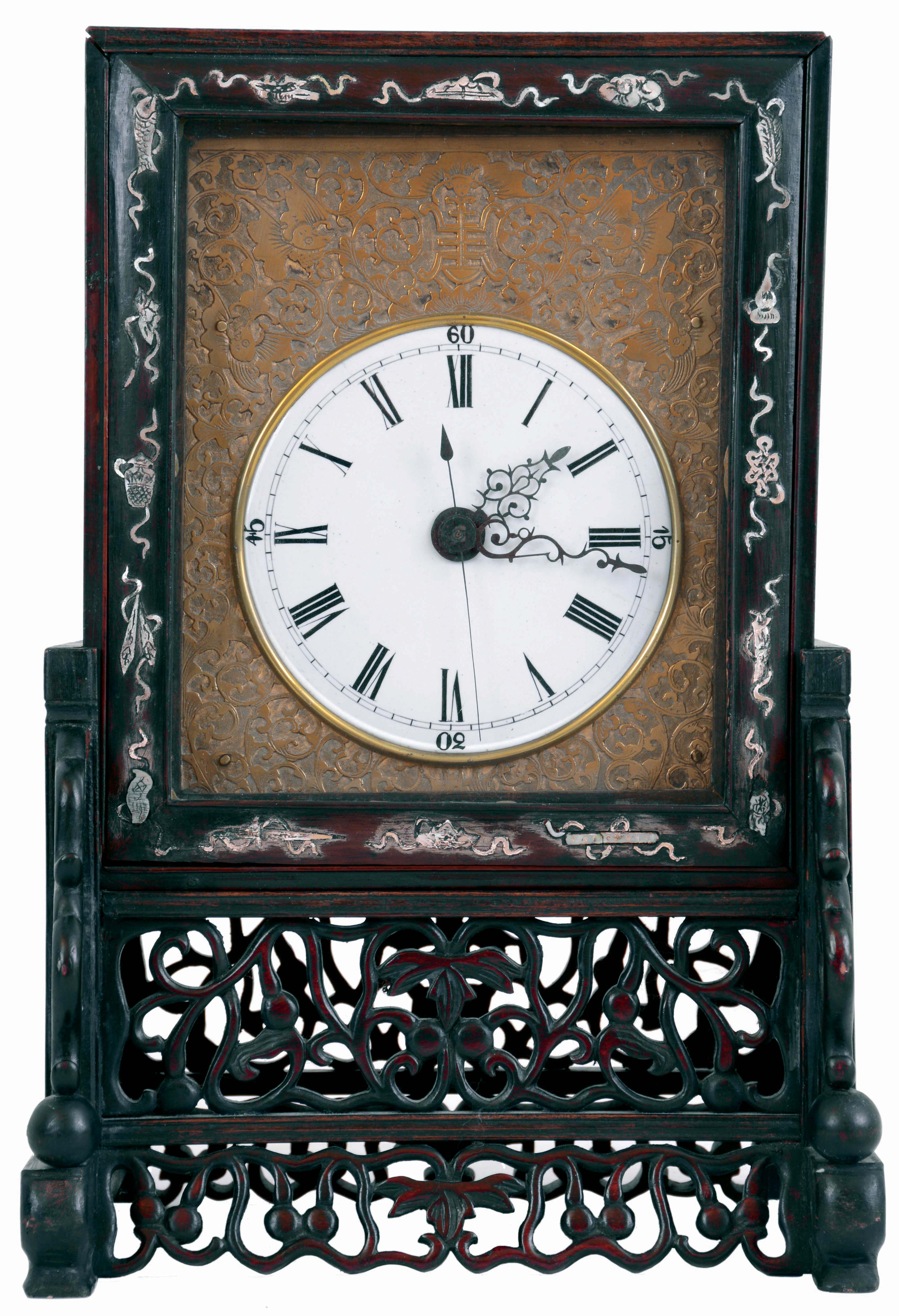 Chinese bracket clock, camphor wood case with pierced and glazed sides, front panel with mother of pearl inlays, base with pierced and carved fretwork, Roman numeral white enamel dial with engraved brass surround, blued steel hands, 8 days, time and strike verge fusee movement, 19th century — Antique Clocks Price Guide