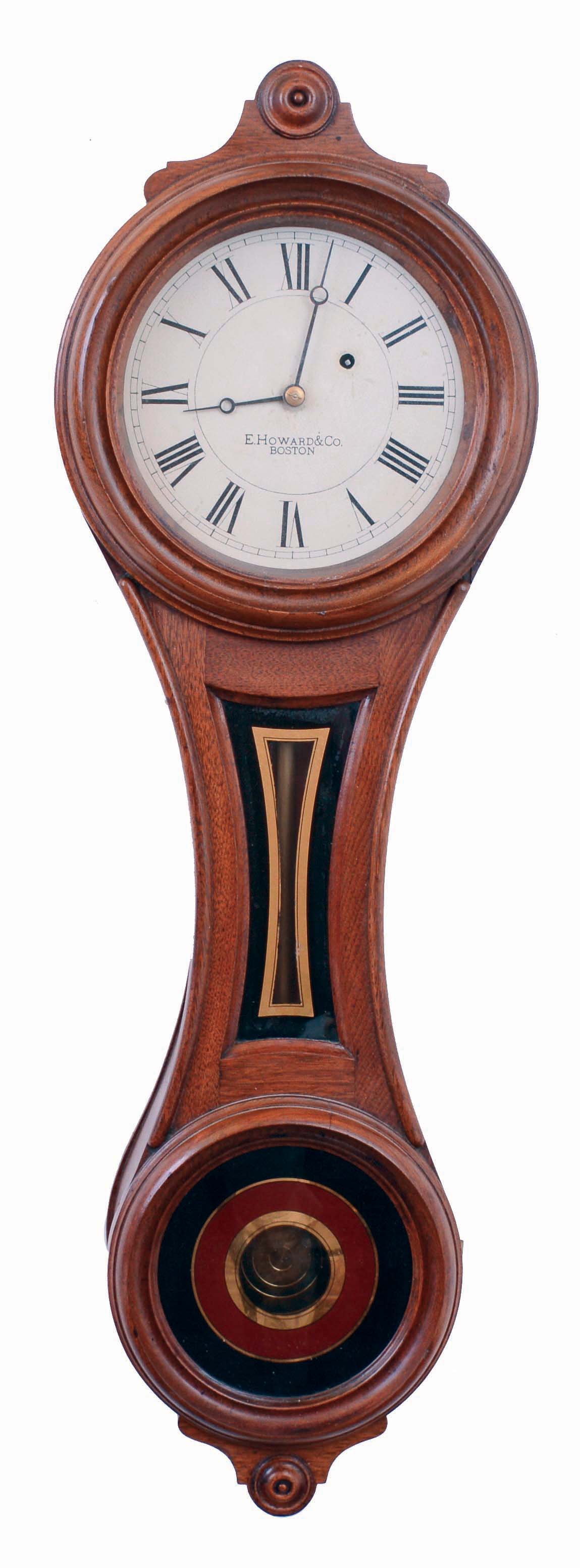 E. Howard &amp; Co., Boston, Mass., "No. 10 Regulator" figure eight wall clock, 8 days, time only, weight driven movement in a walnut case with painted metal dial and reverse painted tablets, c1885 — Antique Clocks Price Guide
