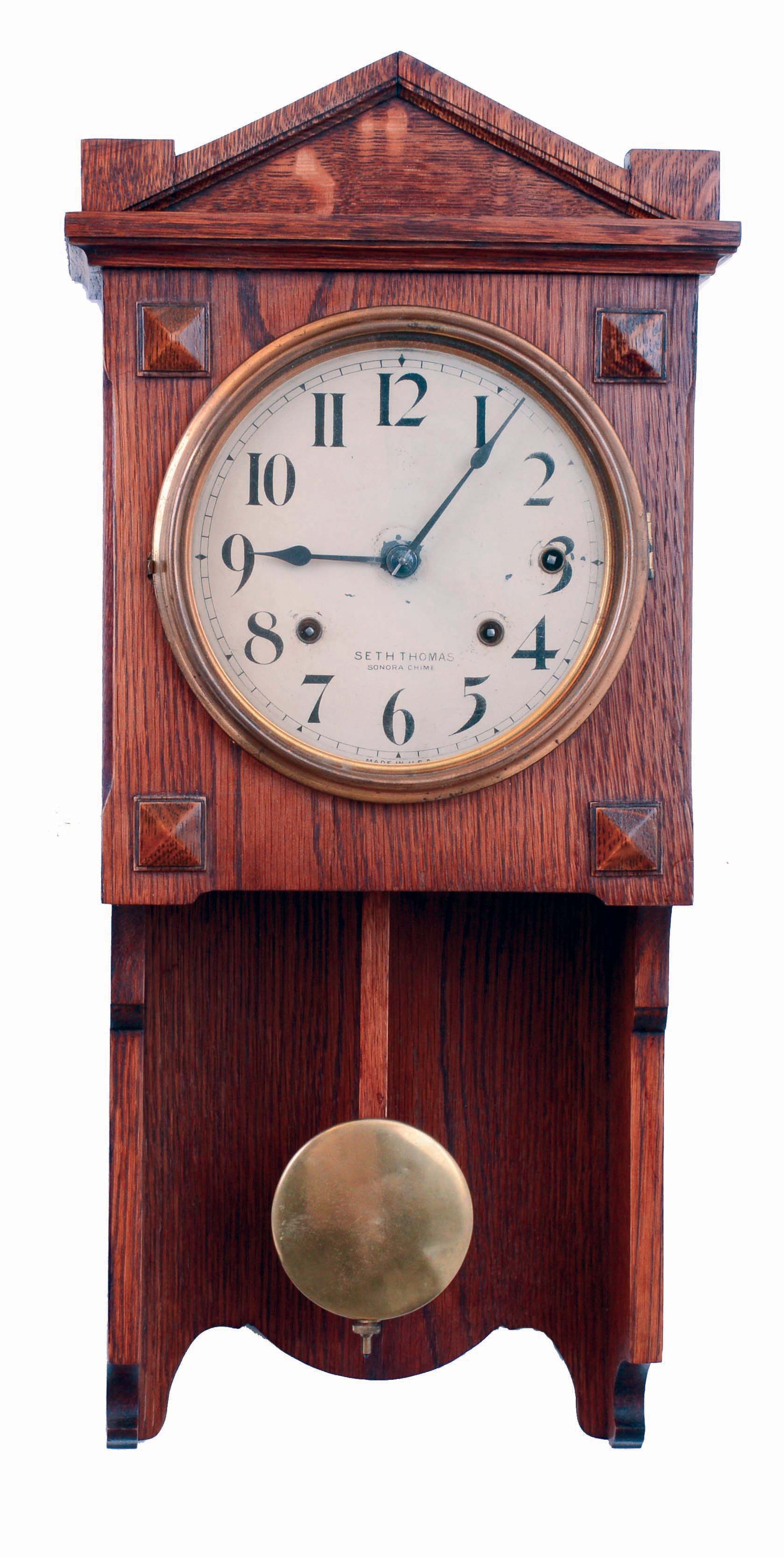 Seth Thomas Clock Co., Thomaston, Conn., "Chime Clock No. 101" hanging 4 bell Sonora chime wall clock in Arts &amp; Crafts style oak case with painted metal dial, c1914 — Antique Clocks Price Guide
