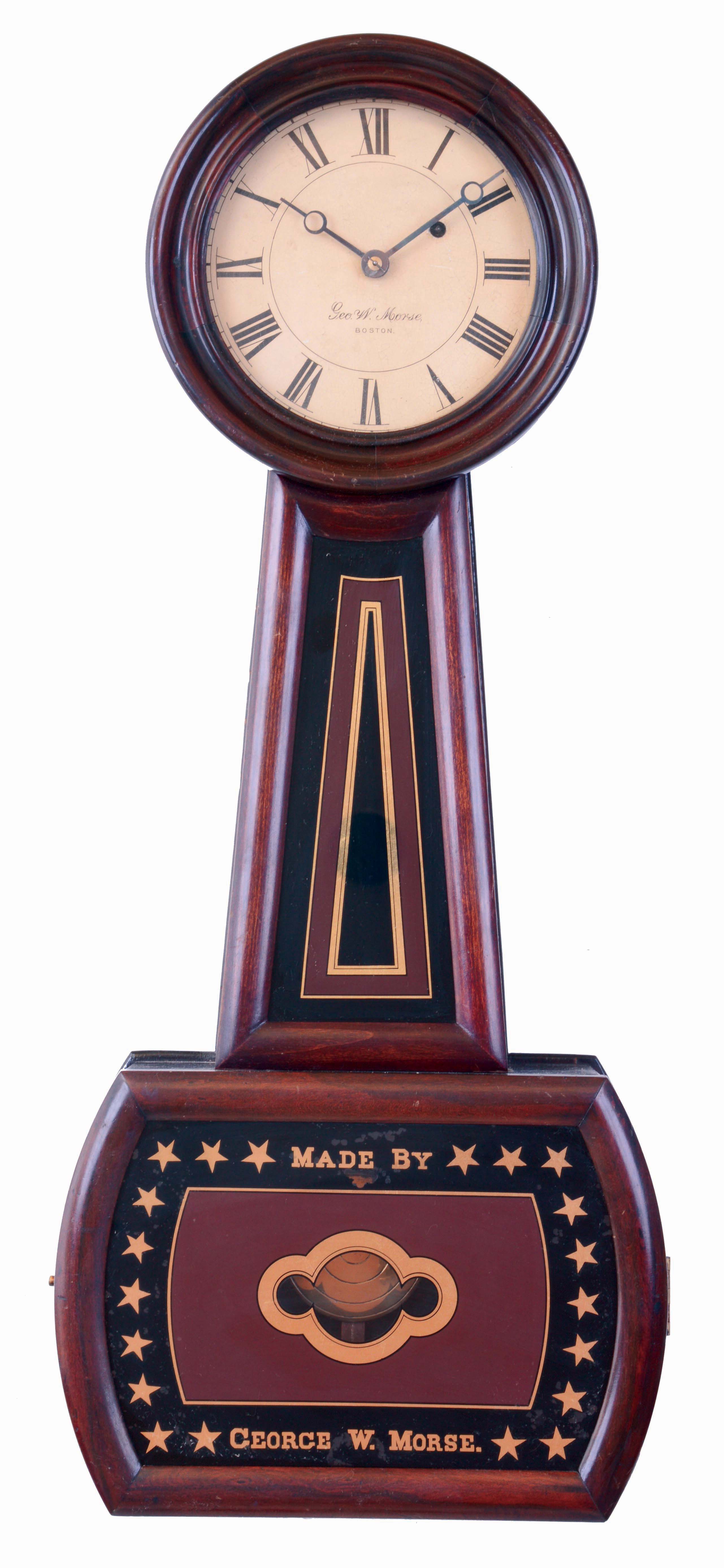 George W. Morse, Boston, Mass., stained hardwood weight driven time only banjo wall clock in style of Howard No. 5, c1870 — Antique Clocks Price Guide