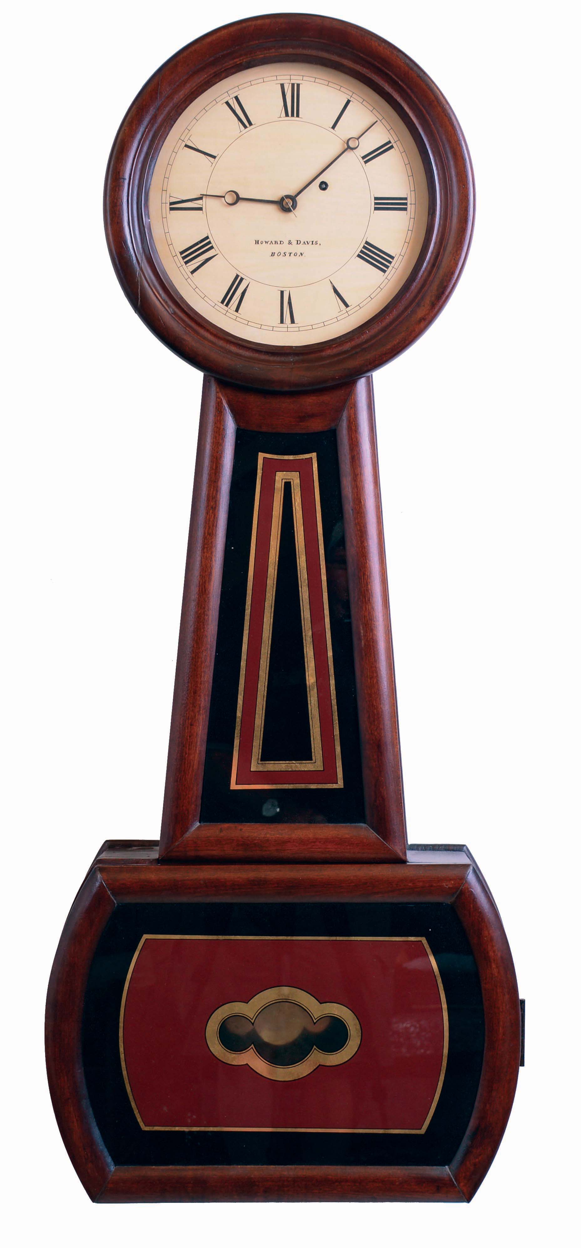 Howard &amp; Davis, Boston, Mass., "No. 2 Regulator", wall clock, 8 days, time only, weight driven movement in a cherry case with a painted metal dial and reverse painted throat and lower tablets, c1855. — Antique Clocks Price Guide