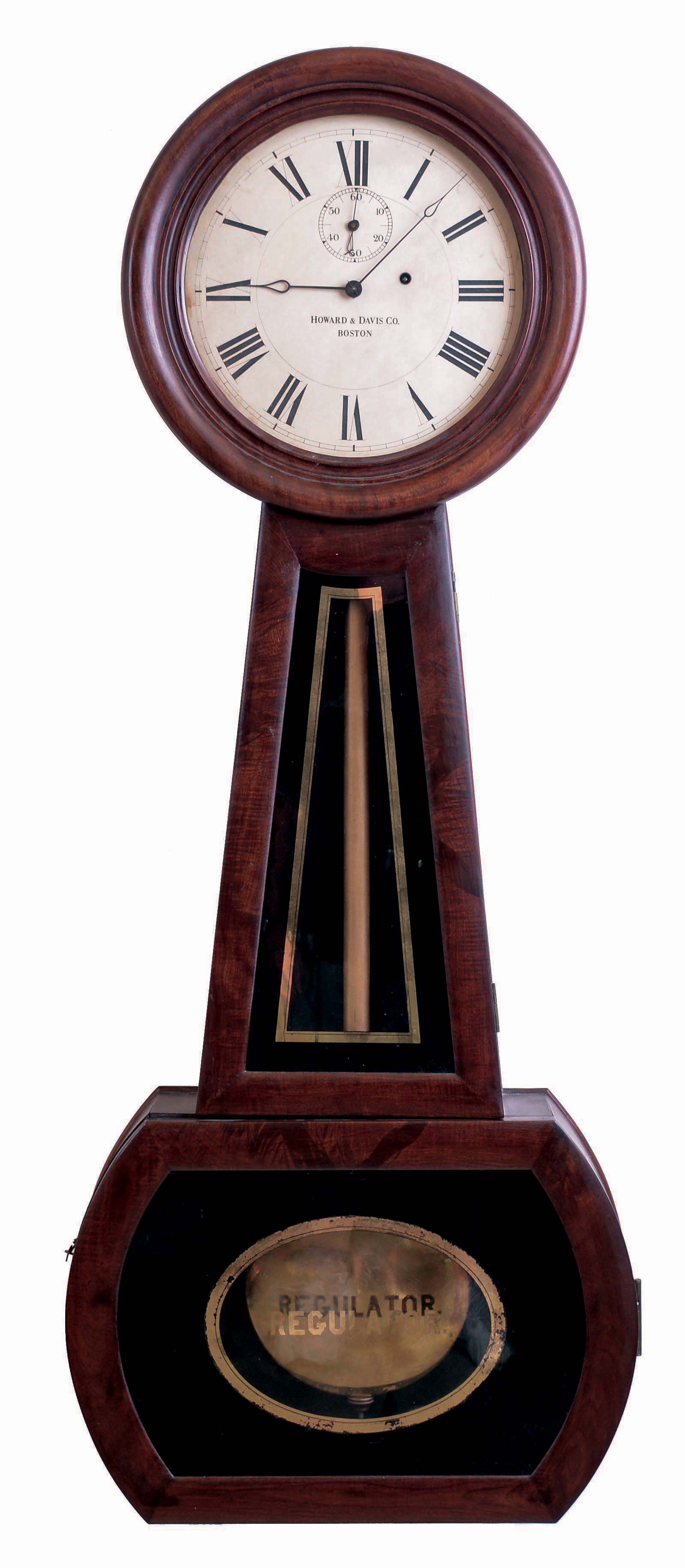 "Regulator No. 1" type and size banjo timepiece, probably Boston area and possibly from one of the Willard shops or by one of their apprentices. The case has a hinged throat and "Regulator" on the lower glass. Now with a paper over metal dial signed Howard &amp; Davis, c1840 — Antique Clocks Price Guide
