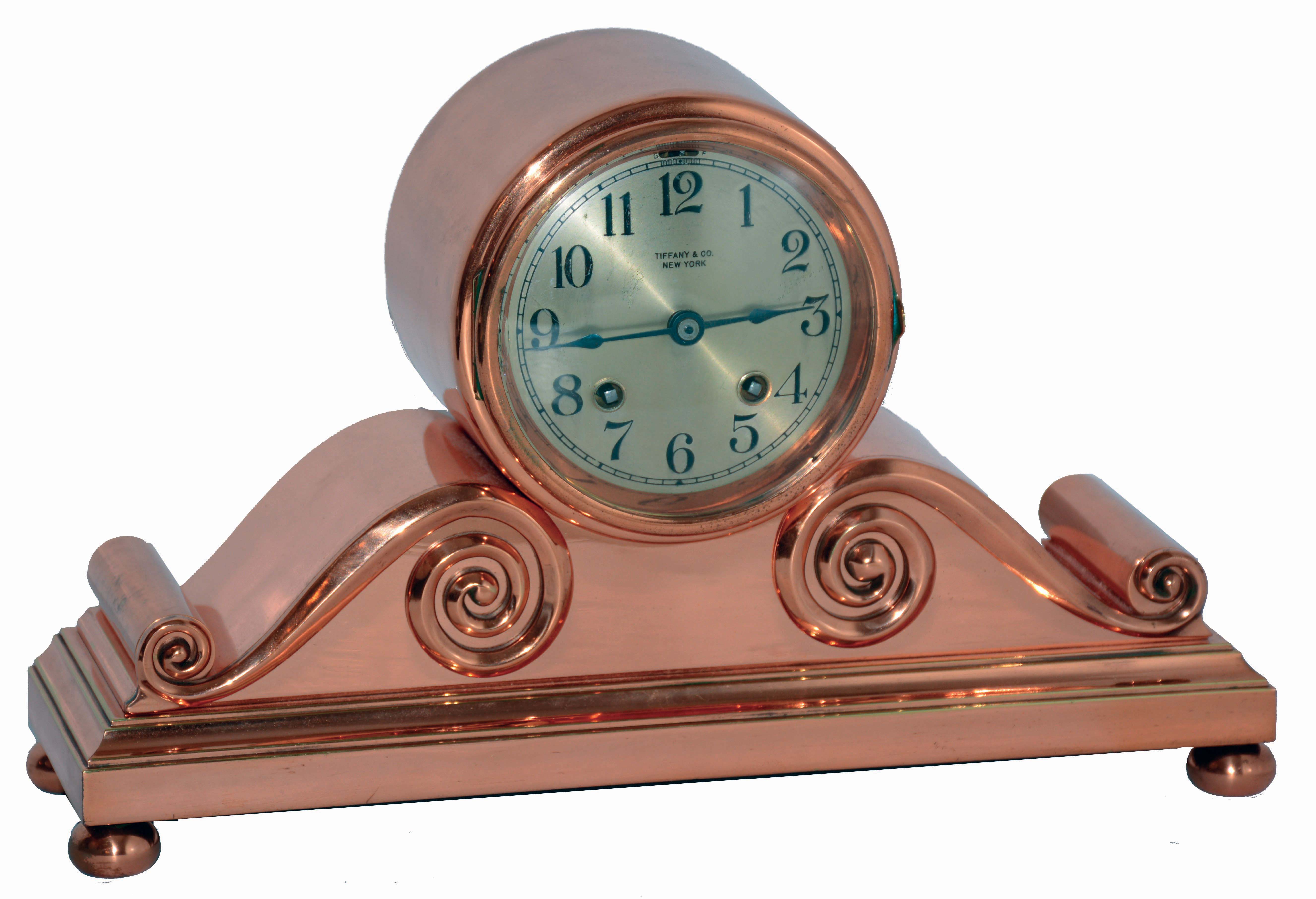 Chelsea Clock Co., Boston, Mass., for Tiffany &amp; Co., New York, NY, "Tambour No. 2", 8 days, time and house strike copper bronze mantel clock, #115819, 1918 — Antique Clocks Price Guide