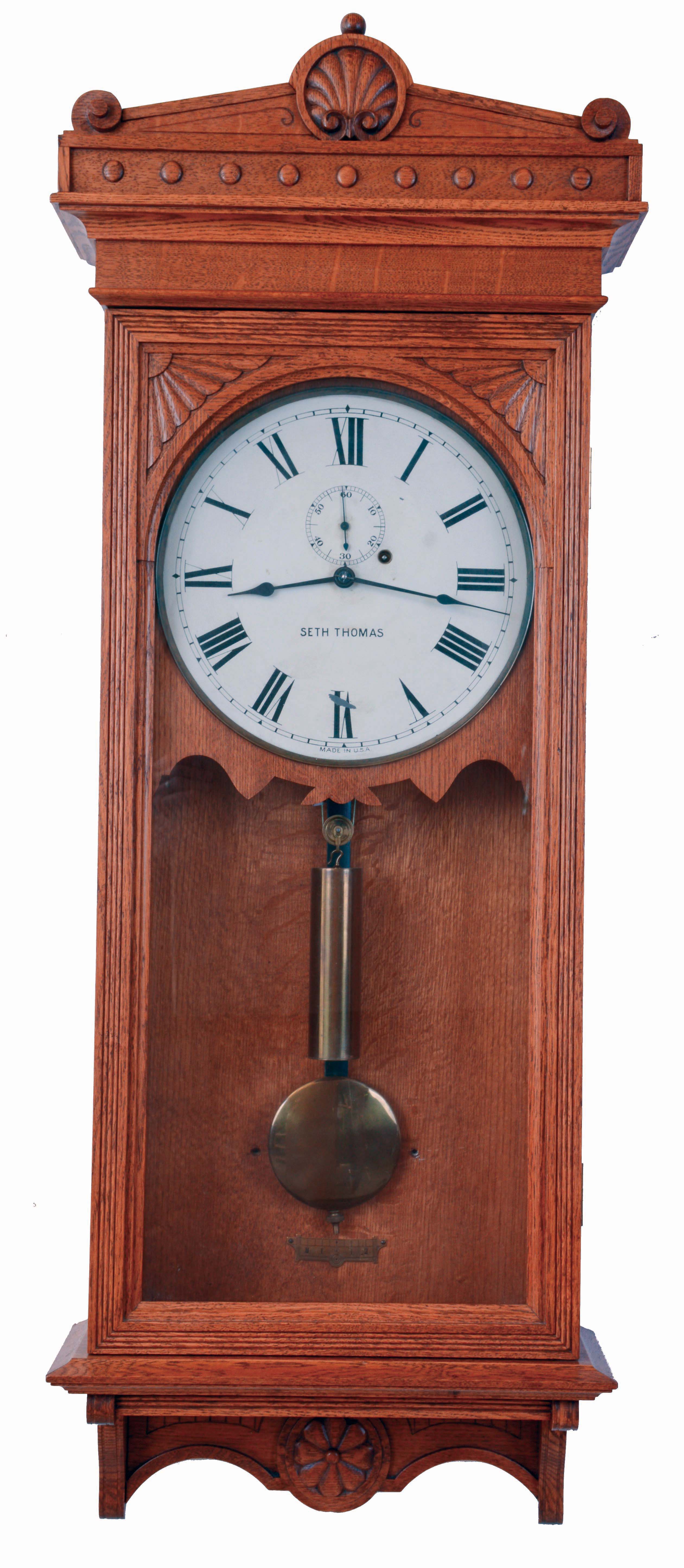 Seth Thomas Clock Co., Thomaston, Conn., "Regulator No. 30", 8 days, weight driven brass movement regulator wall timepiece, c1909 — Antique Clocks Price Guide