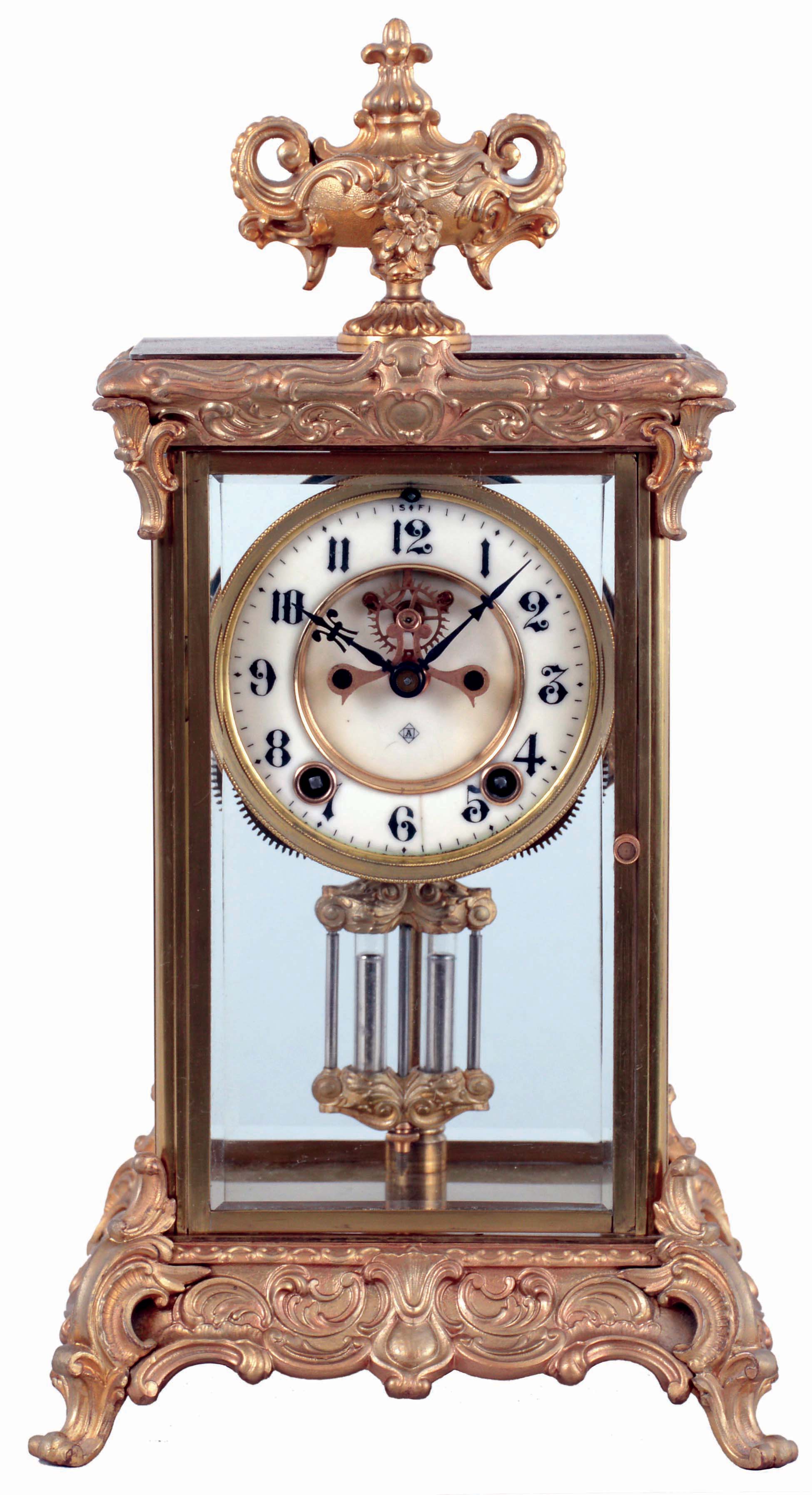 Ansonia Clock Co., New York, NY, "Crown" Crystal Regulator mantel clock with a spring driven, 8 days, time and hour/half-hour strike (rack and snail) movement and a visible escapement, c1914. — Antique Clocks Price Guide