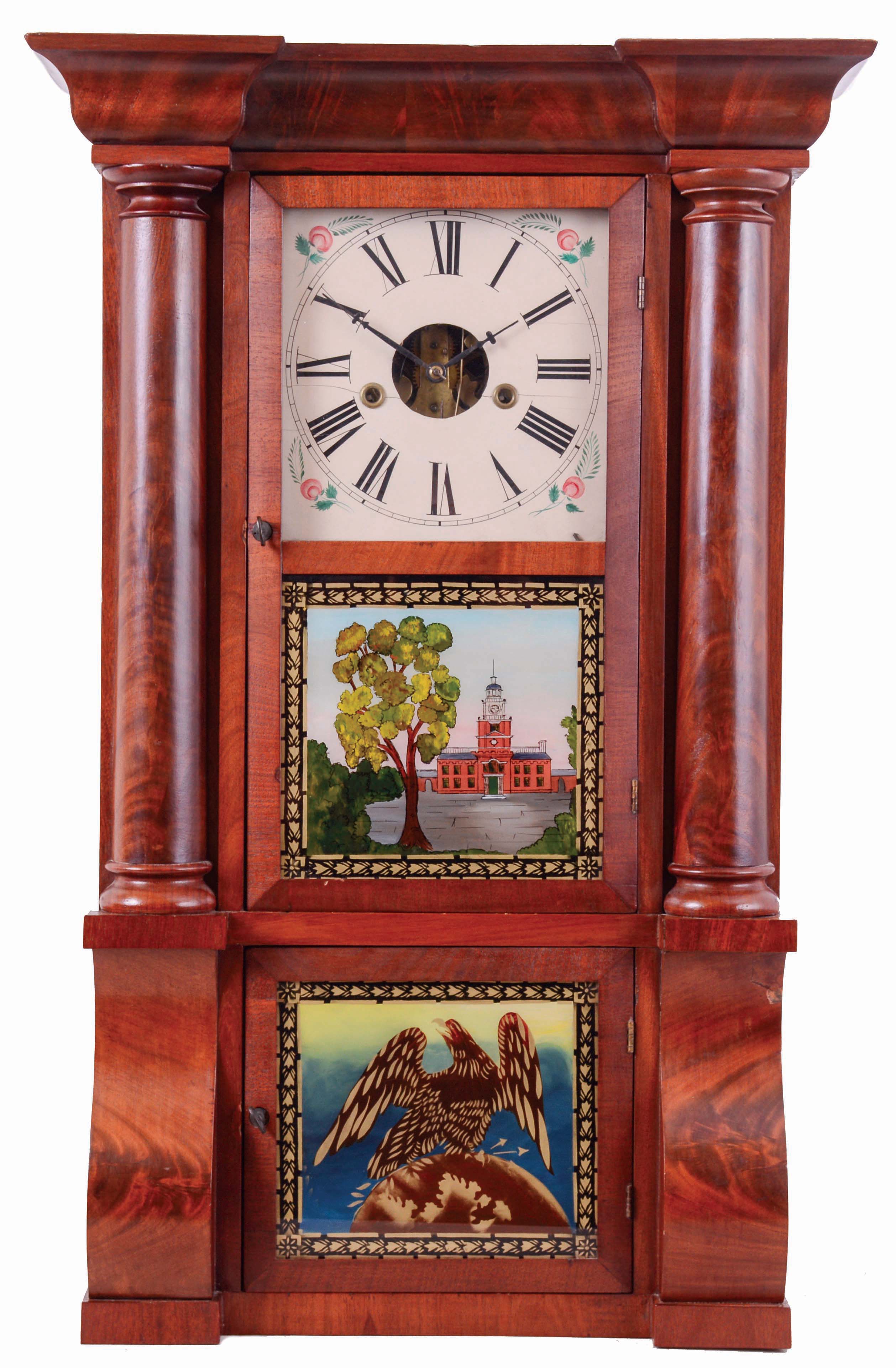 Forestville Manufacturing Co., J. C. Brown, Bristol, Conn., Column and Cornice shelf clock in a mahogany veneered case with a weight driven 8 day time and strike movement. c1850. — Antique Clocks Price Guide