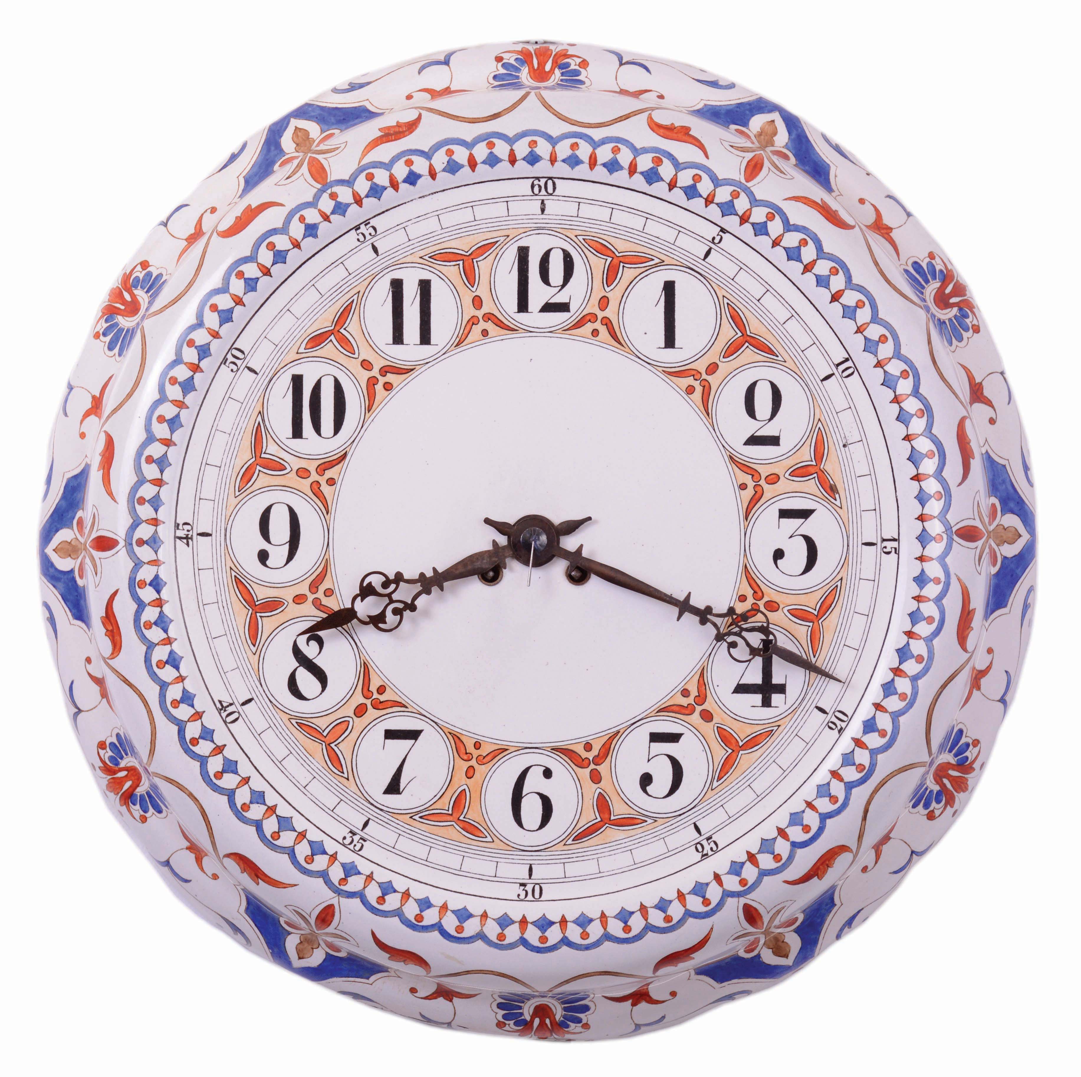 French pressed iron multicolor painted, 8 days, time and strike, wall clock with Japy Freres tic-tac movement, c1910 — Antique Clocks Price Guide