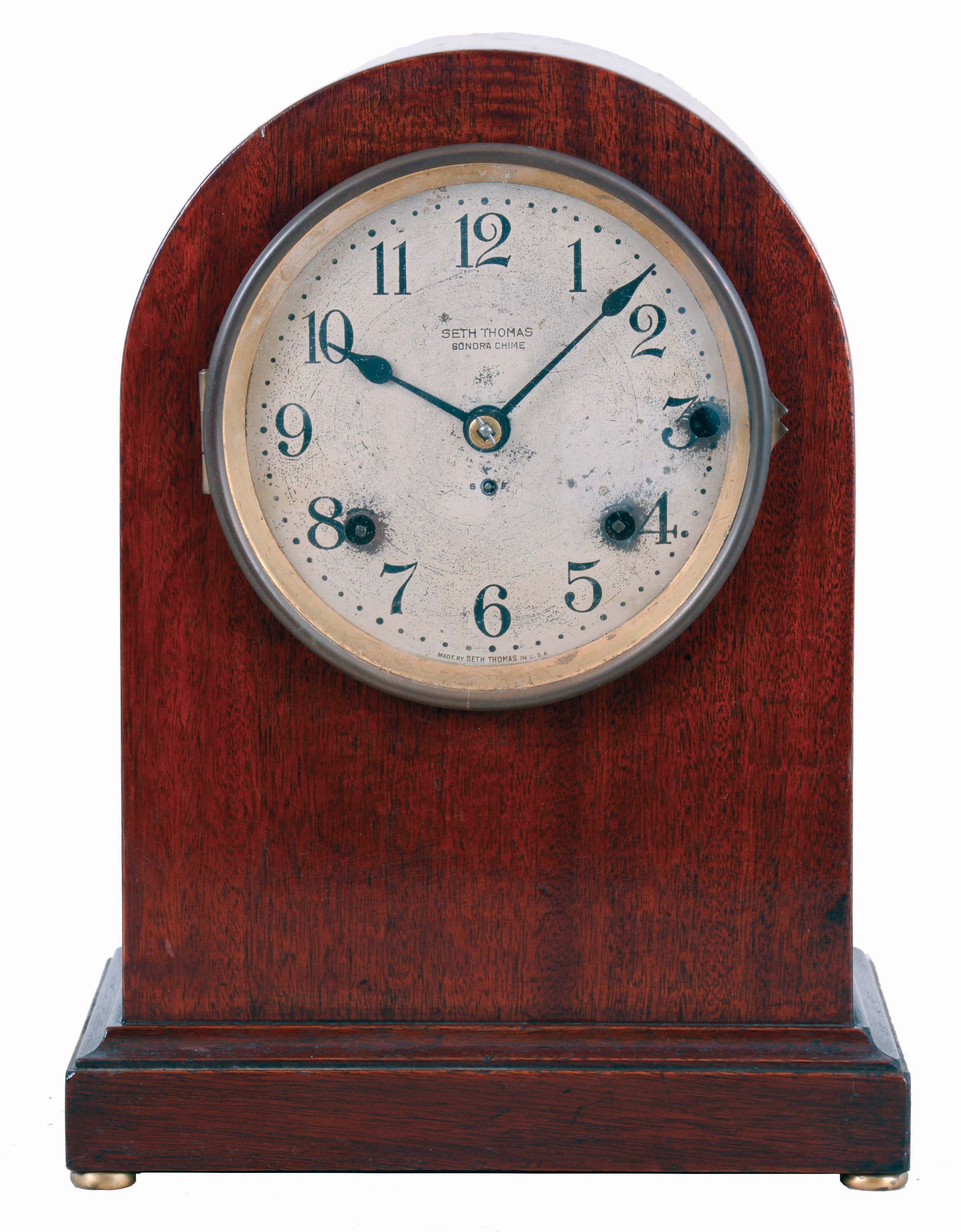 Seth Thomas Clock Co., Thomaston, Conn., "Sonora Chime Clock No. 11" in a mahogany case with a spring driven, 8 days, time and quarter hour strike movement with a 5 bell Sonora chime unit, c1911. — Antique Clocks Price Guide