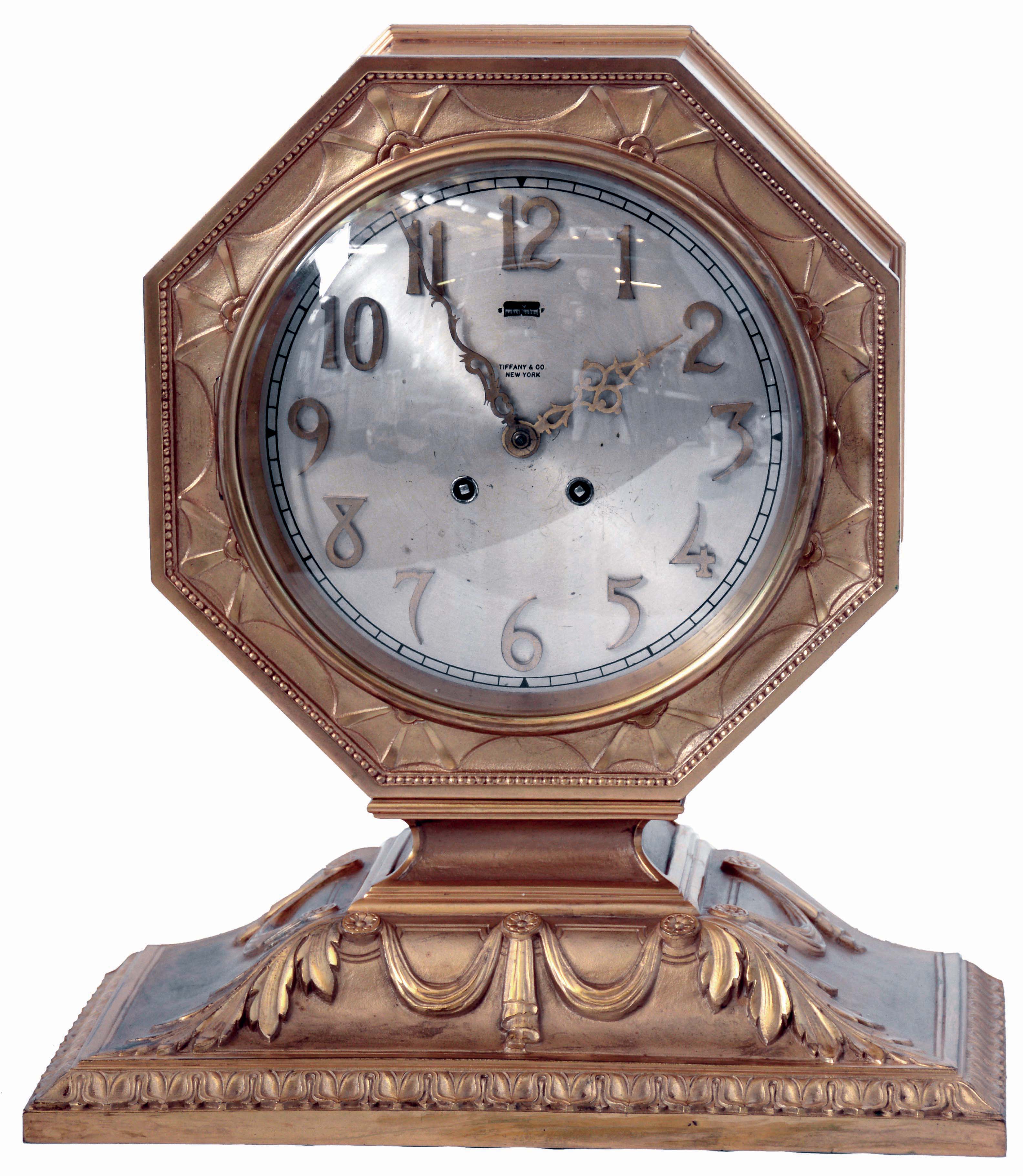 Chelsea Clock Co., Boston, Mass., for Tiffany &amp; Co., New York, gold plated, 8 days, time and house strike mantel clock, #179984, 1927 — Antique Clocks Price Guide