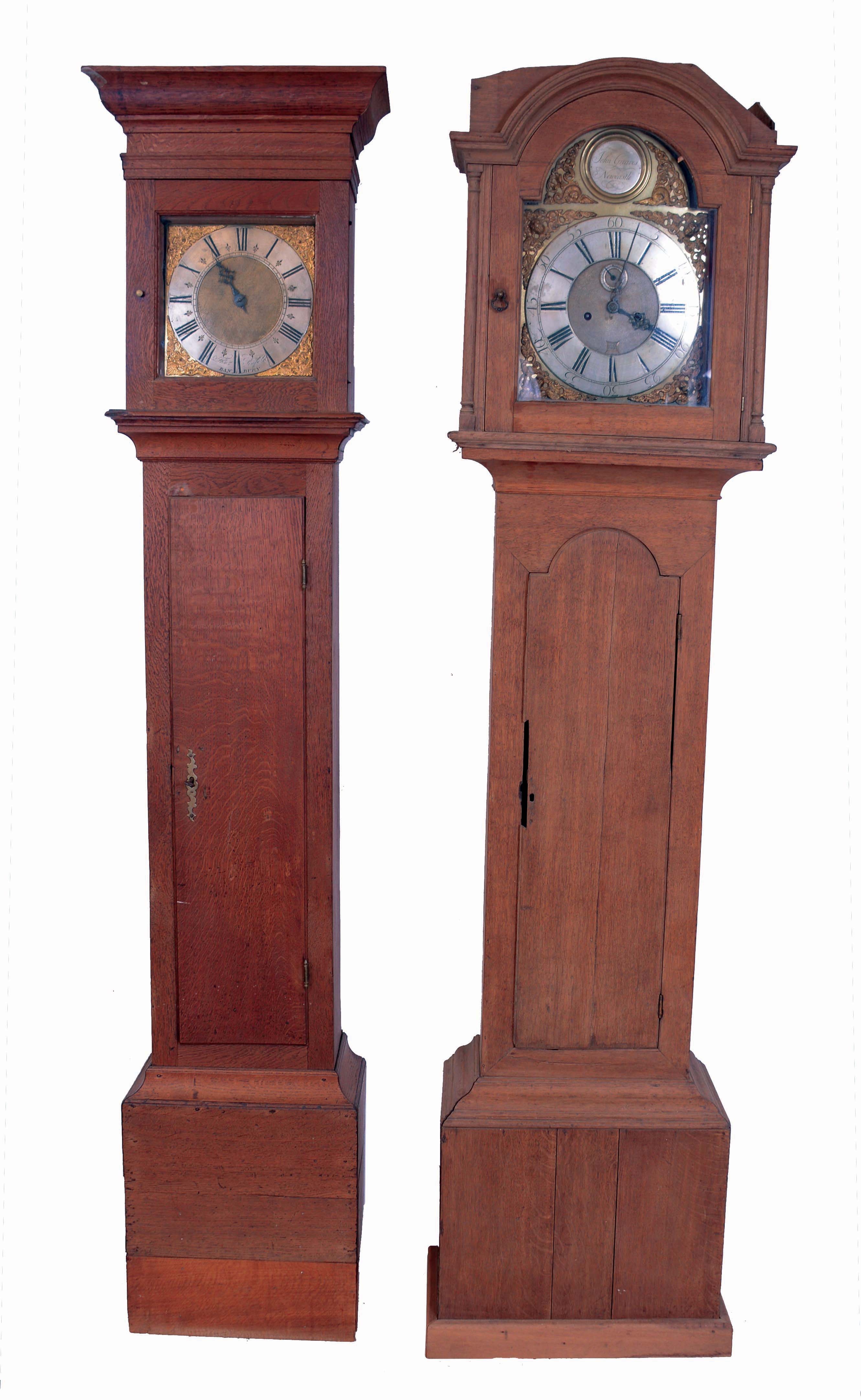 Tall clocks- 2 (Two) English; John Greaves, Newcastle 8-day time &amp; strike and Thomas Pinfold, Banbury 30 hour one handed with iron posted frame movement. Both in oak cases with brass dials and silvered chapter rings, both c1750. — Antique Clocks Price Guide