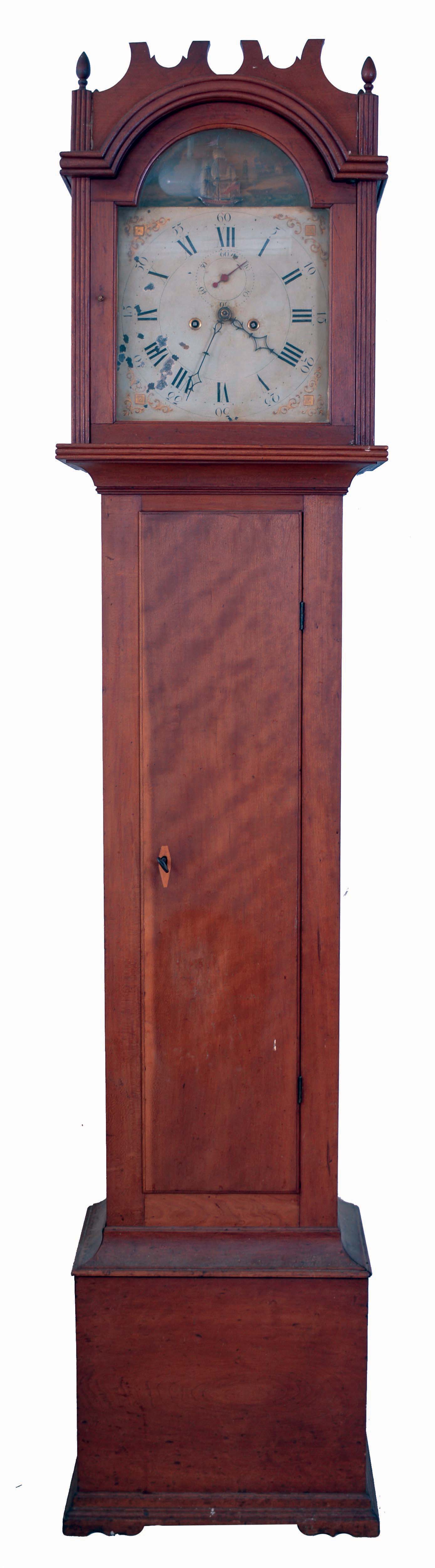 Attributed to Eleazer Carey, Windham, Conn. American tall clock, 8 days, time and strike, weight driven movement in a cherry case with painted metal dial with rocking ship bearing American flag, c1810. — Antique Clocks Price Guide