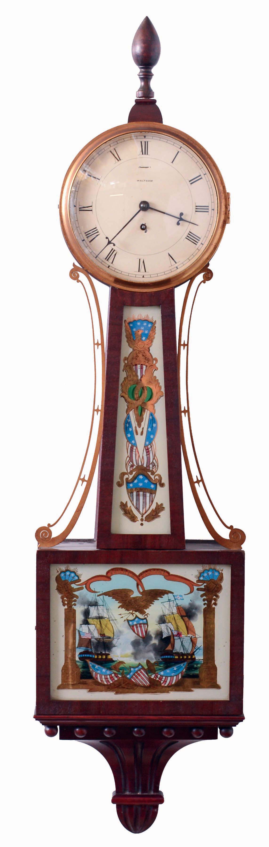Waltham Clock Co., Waltham, Mass., 8 day, spring driven brass lever escapement banjo timepiece, c1930 — Antique Clocks Price Guide