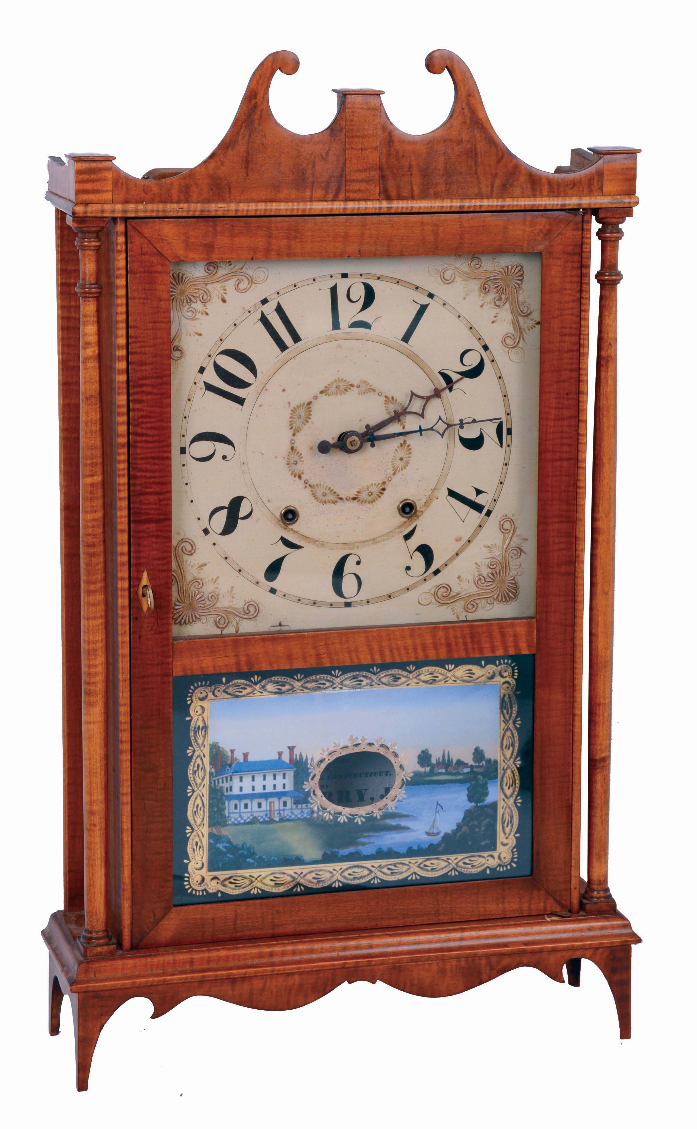 American, 30 hour, time and strike, weight wood movement in curly maple pillar &amp; scroll case. — Antique Clocks Price Guide