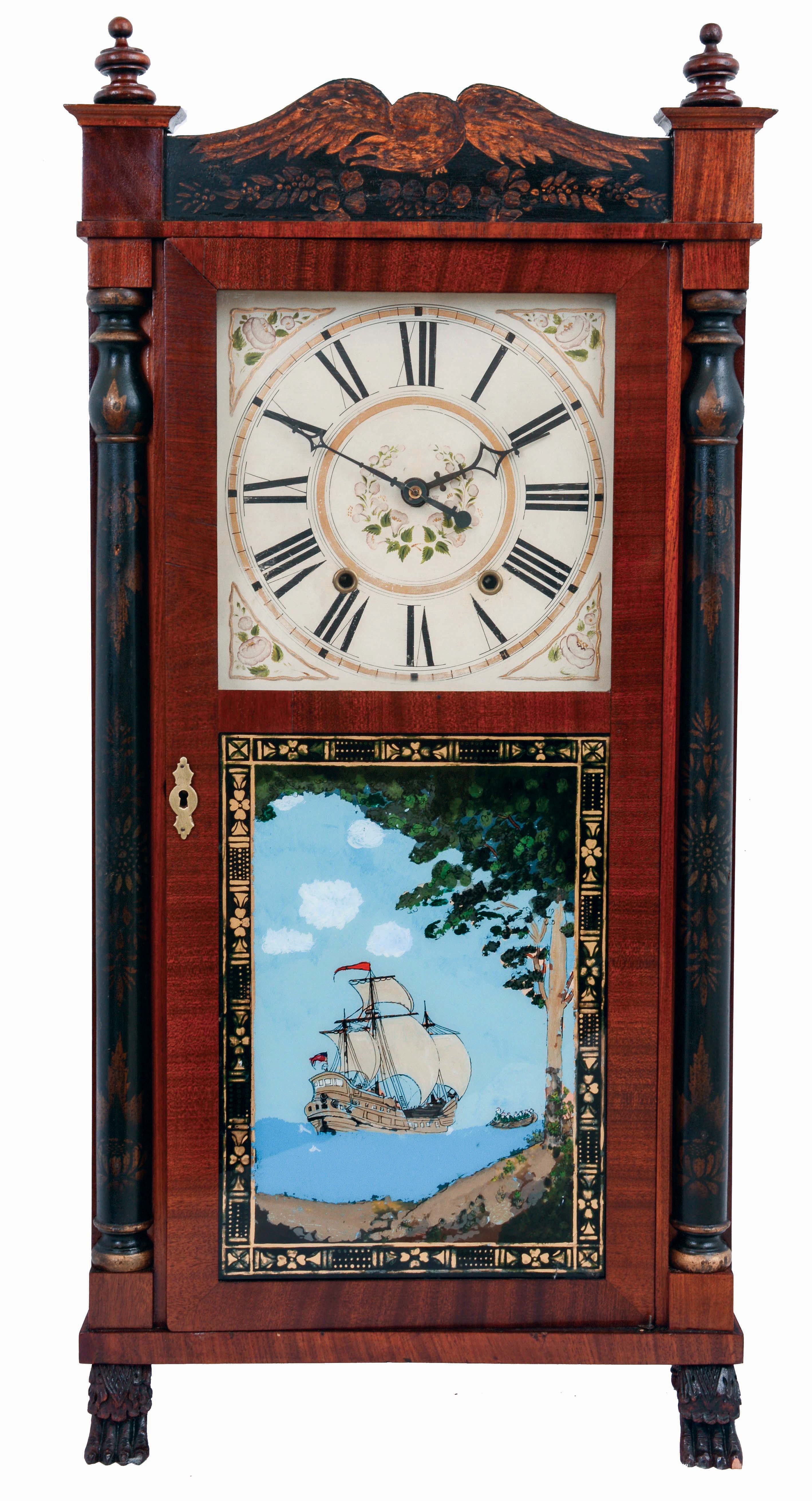 Boardman &amp; Wells, Bristol, Conn., 30 hours, time and strike, weight driven wood movement, half column &amp; splat shelf clock with paw feet, c1832 — Antique Clocks Price Guide