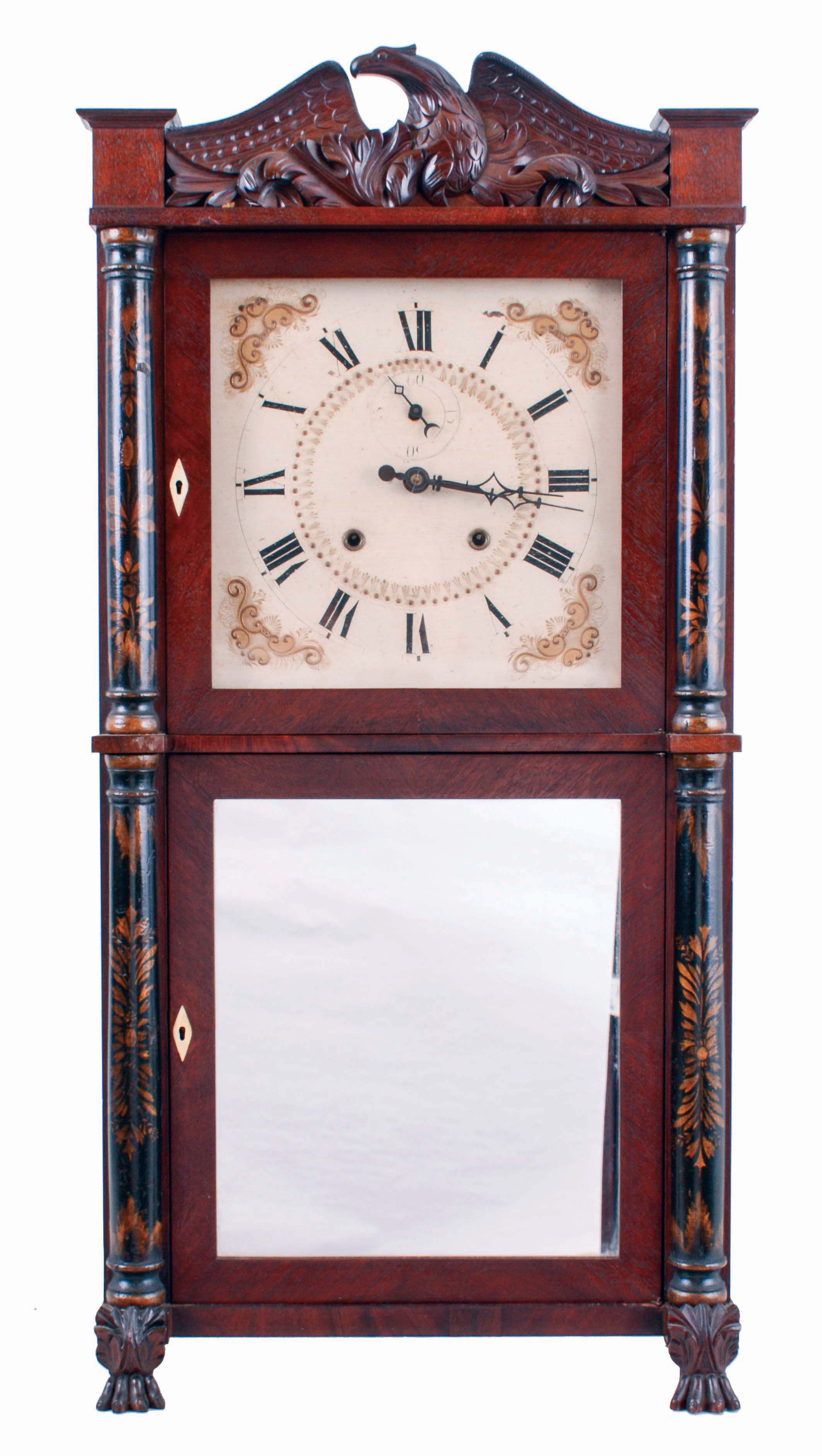 Eli Terry &amp; Sons, Plymouth, Conn., 8 day, time and strike, weight driven wood movement with stenciled half columns, carved eagle splat and paw feet shelf clock, c1832. — Antique Clocks Price Guide