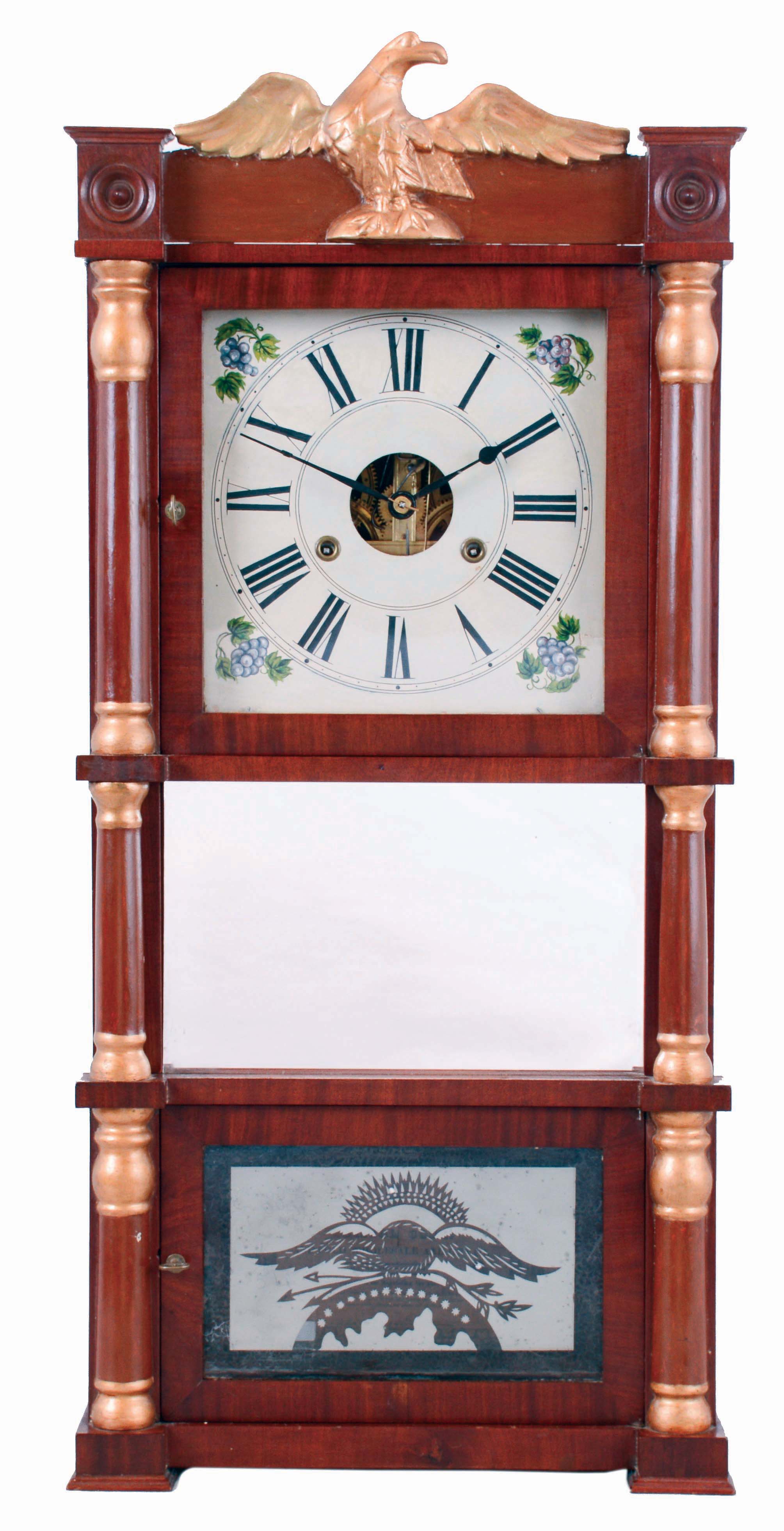 Birge &amp; Fuller, Bristol Conn., Triple Decker mahogany case shelf clock with gilt column caps, eagle splat and a weight driven, 8 day, time and strike, strap brass movement, c1846. — Antique Clocks Price Guide