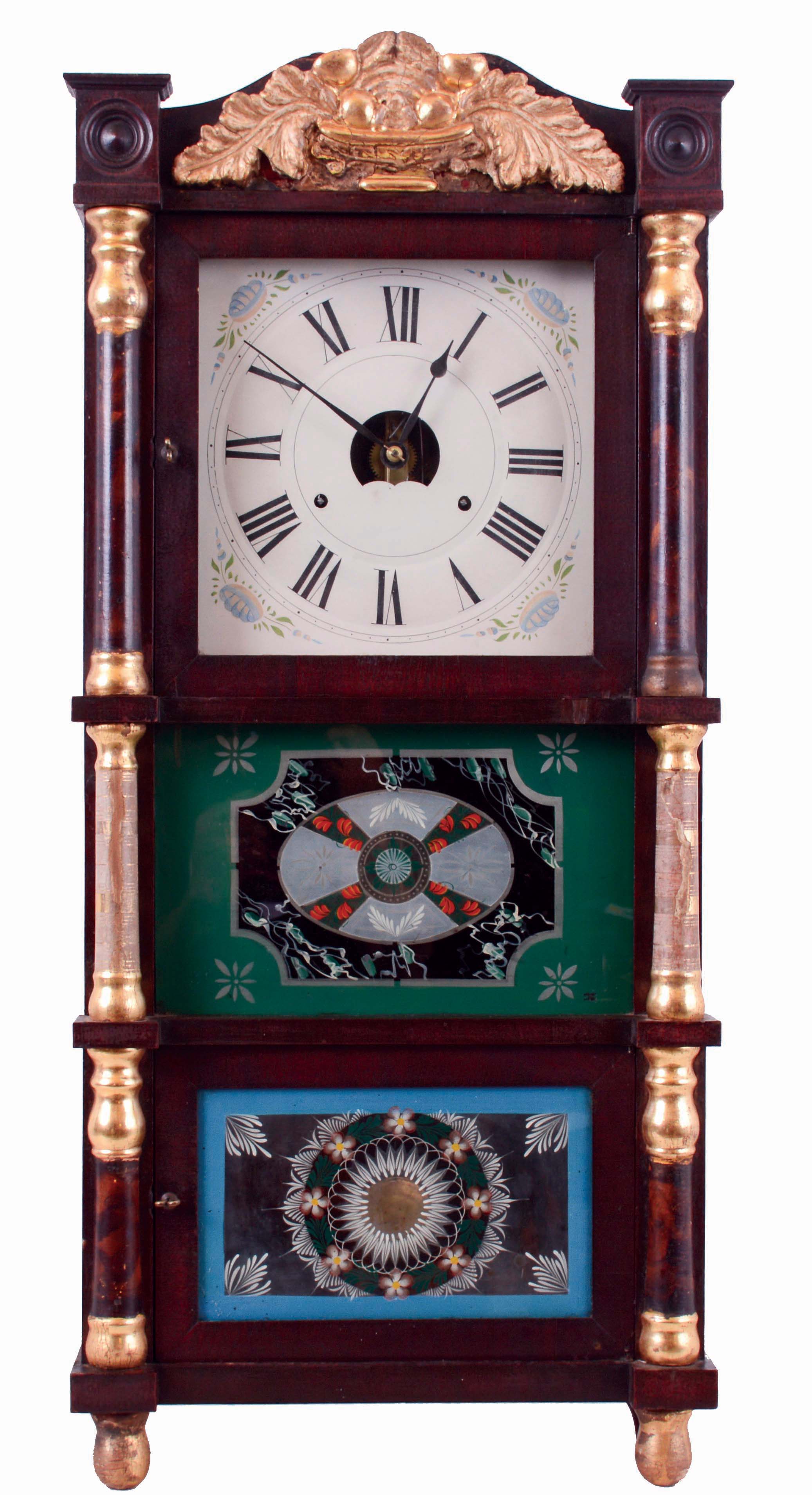 Birge, Peck &amp; Co., Bristol, Conn., triple decker shelf clock with a mahogany case, gilt column caps, splat and front feet with a weight driven, 8 day, time and strike, strap brass movement, c1850. — Antique Clocks Price Guide