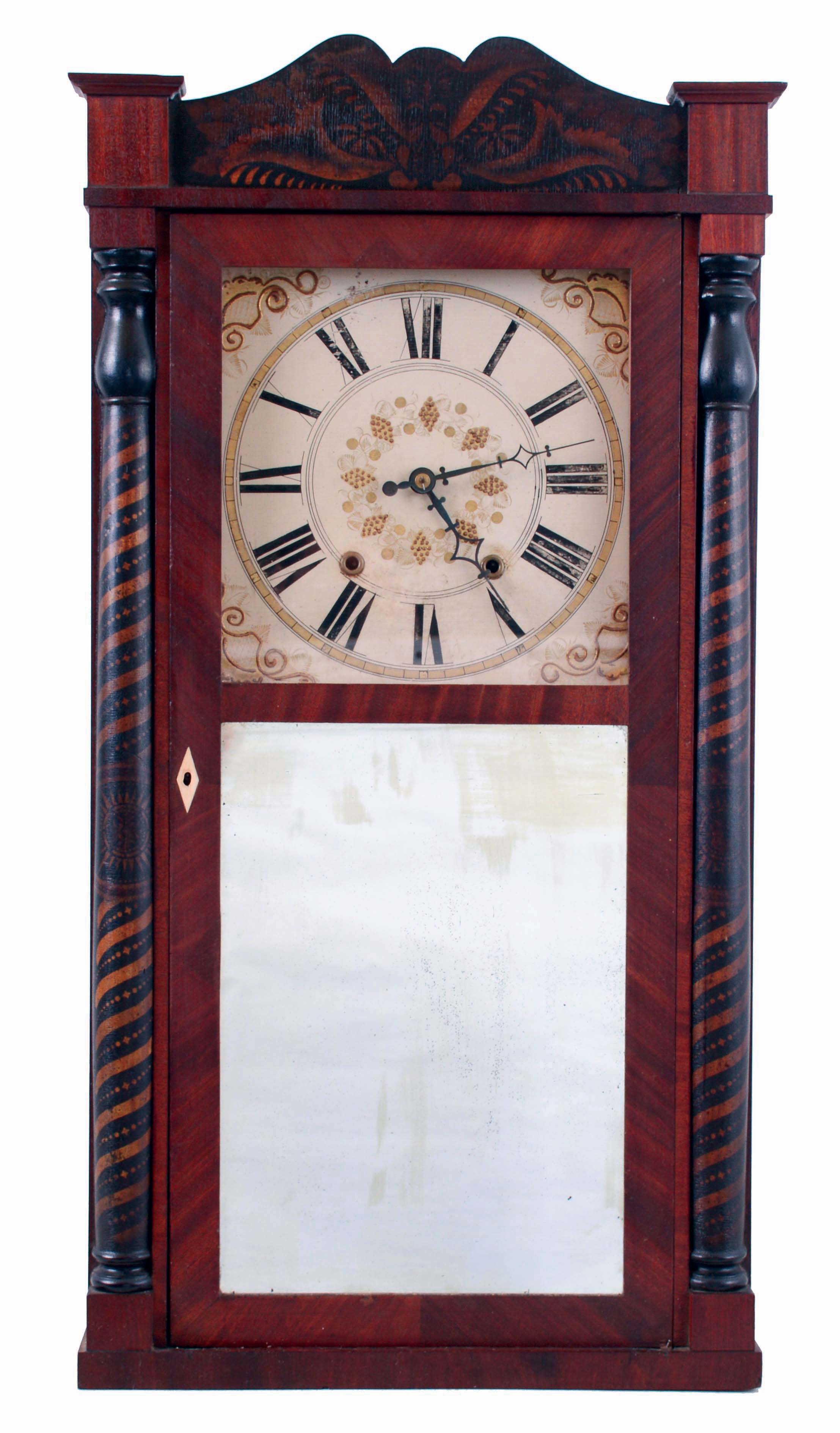 E. &amp; G. W. Bartholomew, Bristol, Conn., shelf clock, mahogany case with unusual striped stenciled columns and a weight driven, 30 hours, time and strike wooden movement, c1832. — Antique Clocks Price Guide