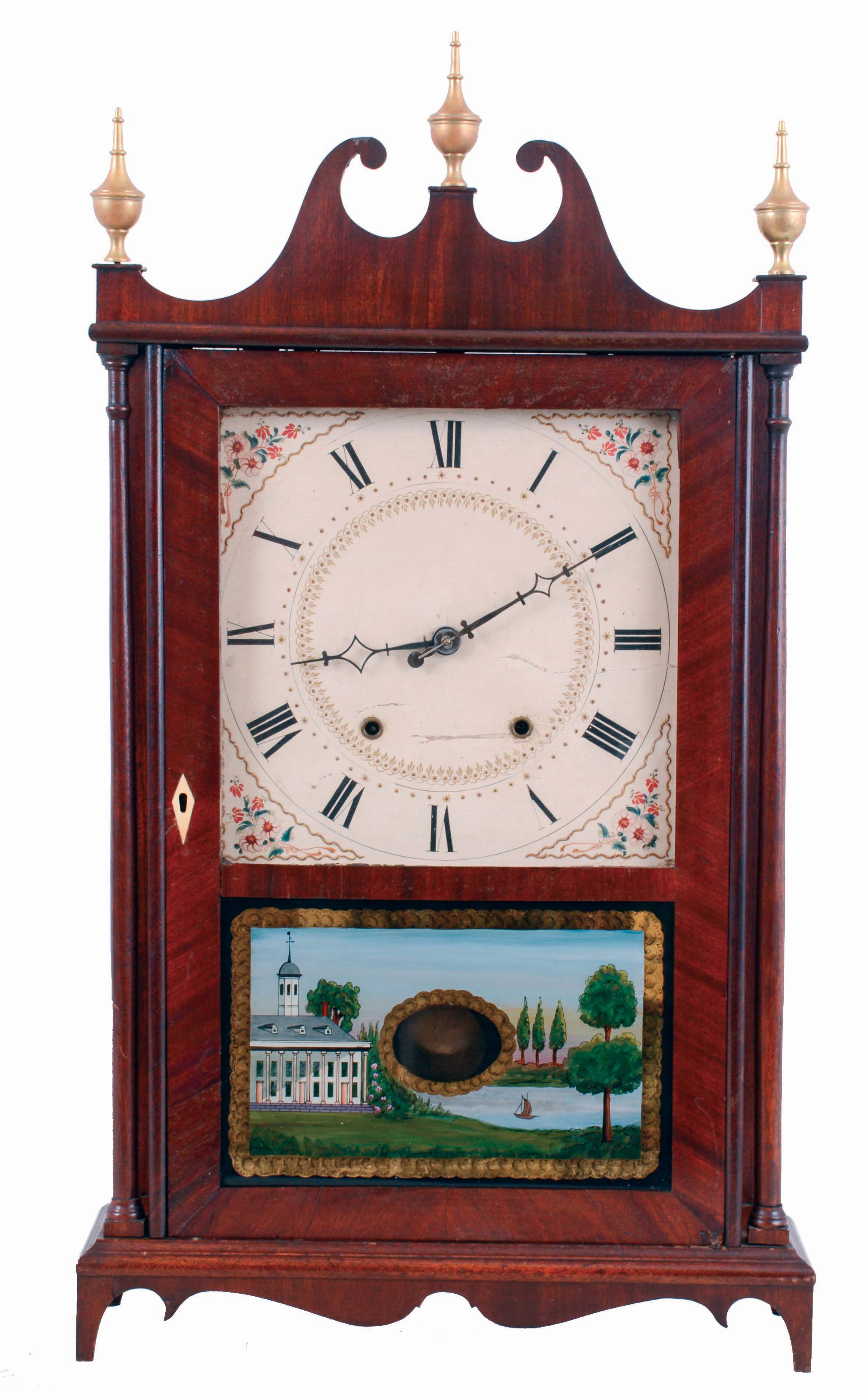 Bishop &amp; Bradley, Watertown, Conn., 30 hours, time and strike, weight driven, wood movement pillar &amp; scroll shelf clock, c1830 — Antique Clocks Price Guide