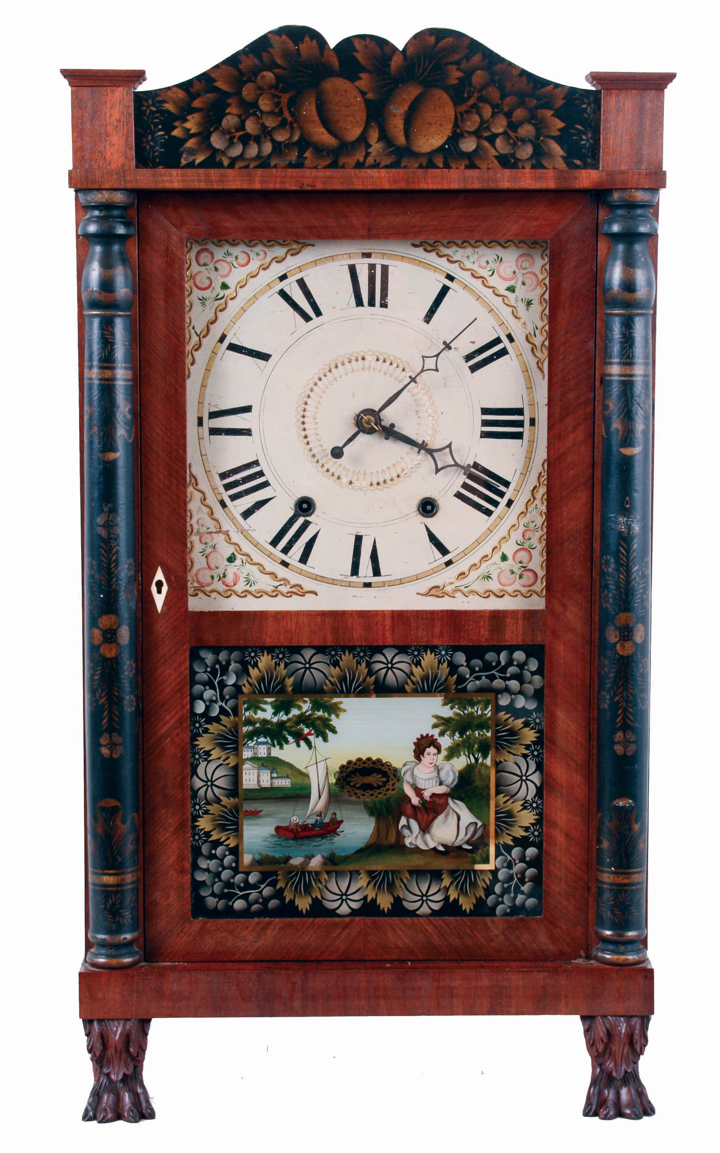 Hopkins and Alfred, Harwinton, Conn., stenciled half column and splat shelf clock with carved paw feet in a mahogany case with weight driven, 30 hour, time and strike wooden movement, c1832. — Antique Clocks Price Guide