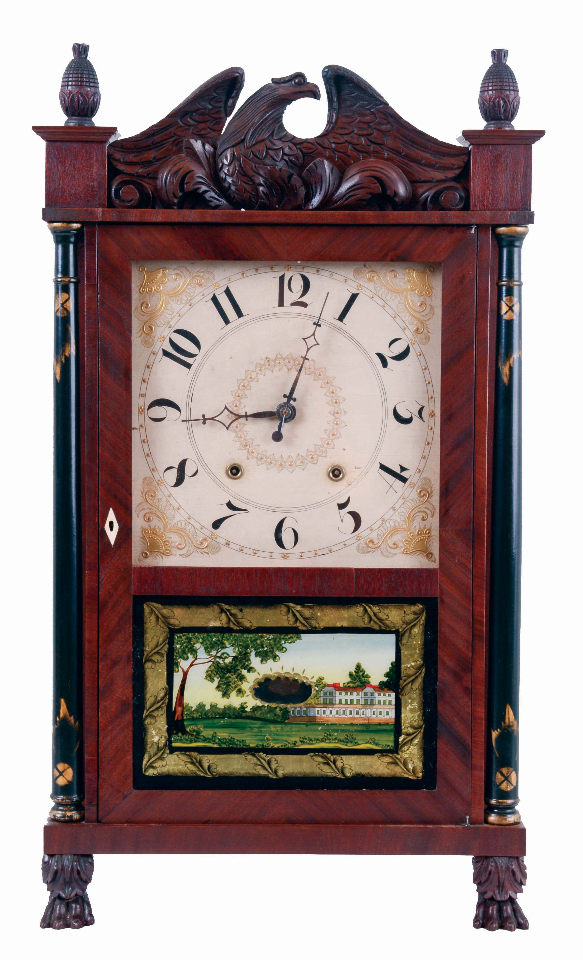 Atkins &amp; Downs for George Mitchell, Bristol, Conn., 30 hours, time and strike weight driven wood movement column and eagle splat shelf clock, c1828. — Antique Clocks Price Guide