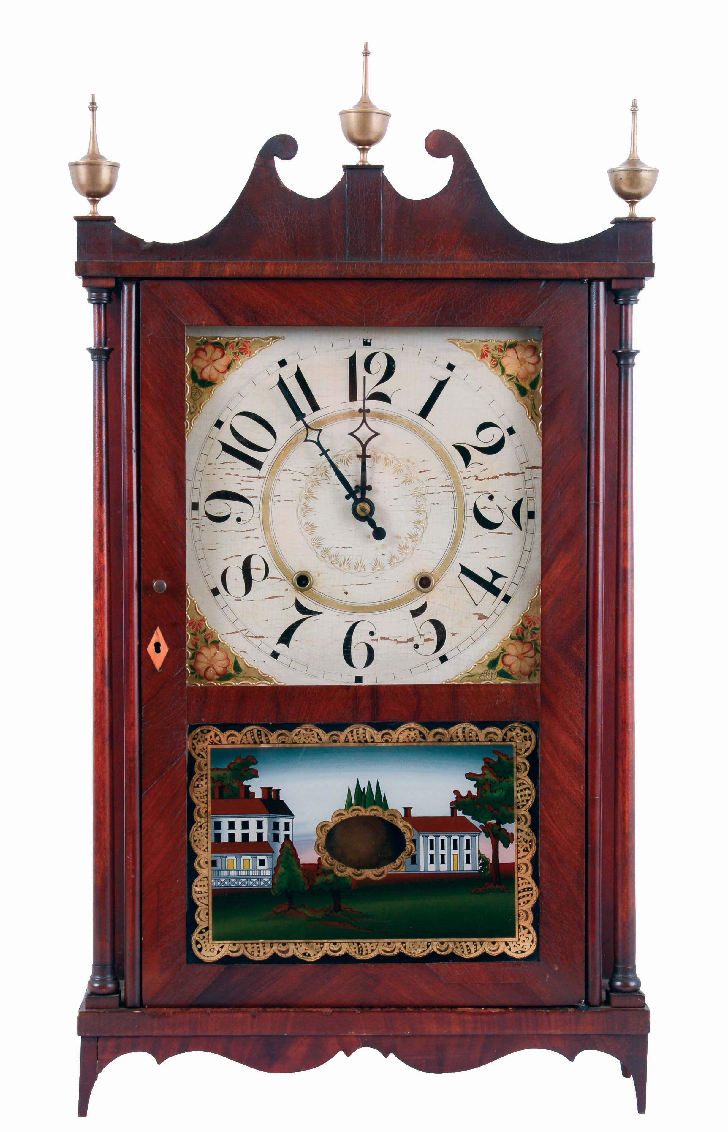 Seth Thomas Clock Co., Plymouth Hollow, Conn., 30 hours, time and strike, weight driven wood movement pillar &amp; scroll shelf clock with alterations, c1830 — Antique Clocks Price Guide