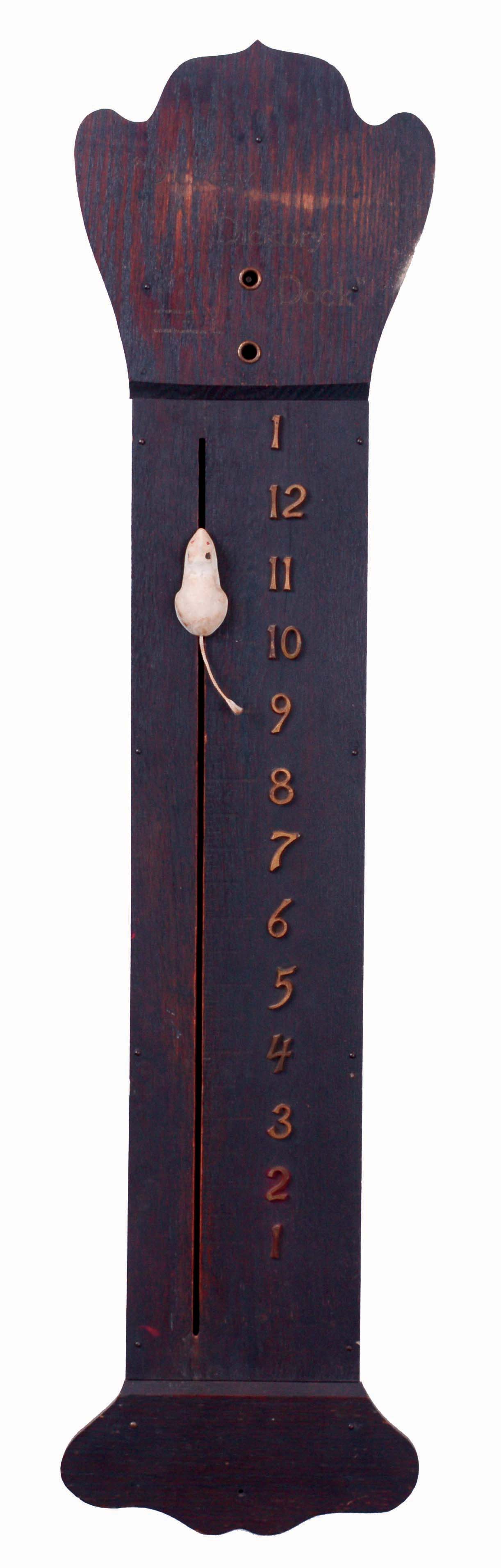Dungan and Klump, Philadelphia, Penn., "Dickory, Dickory, Dock" Model No. 4 mouse novelty wall clock manufactured for them by Sessions Clock Co., Forestville, Conn. 8 day, time only, spring driven movement in a dark oak case with metal numerals and white painted mouse indicator, c1912 — Antique Clocks Price Guide