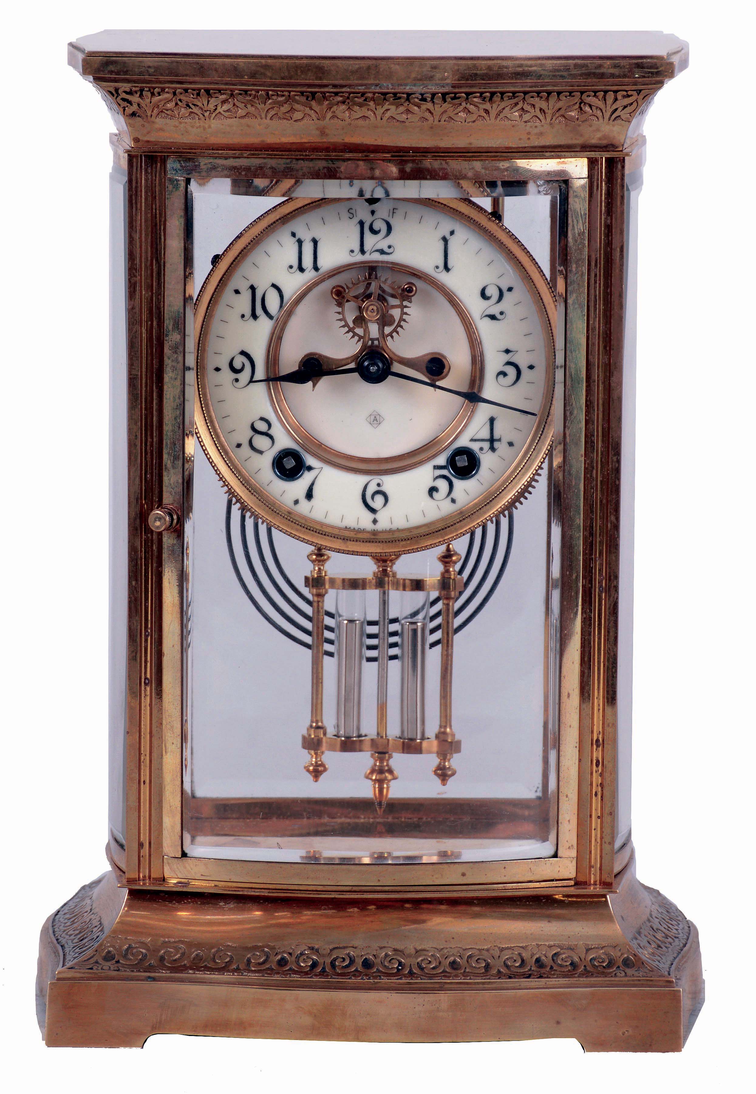 Ansonia Clock Co., Ansonia, Conn., "Regis", 8 days, time and strike, spring brass movement crystal regulator shelf clock, c1914 — Antique Clocks Price Guide