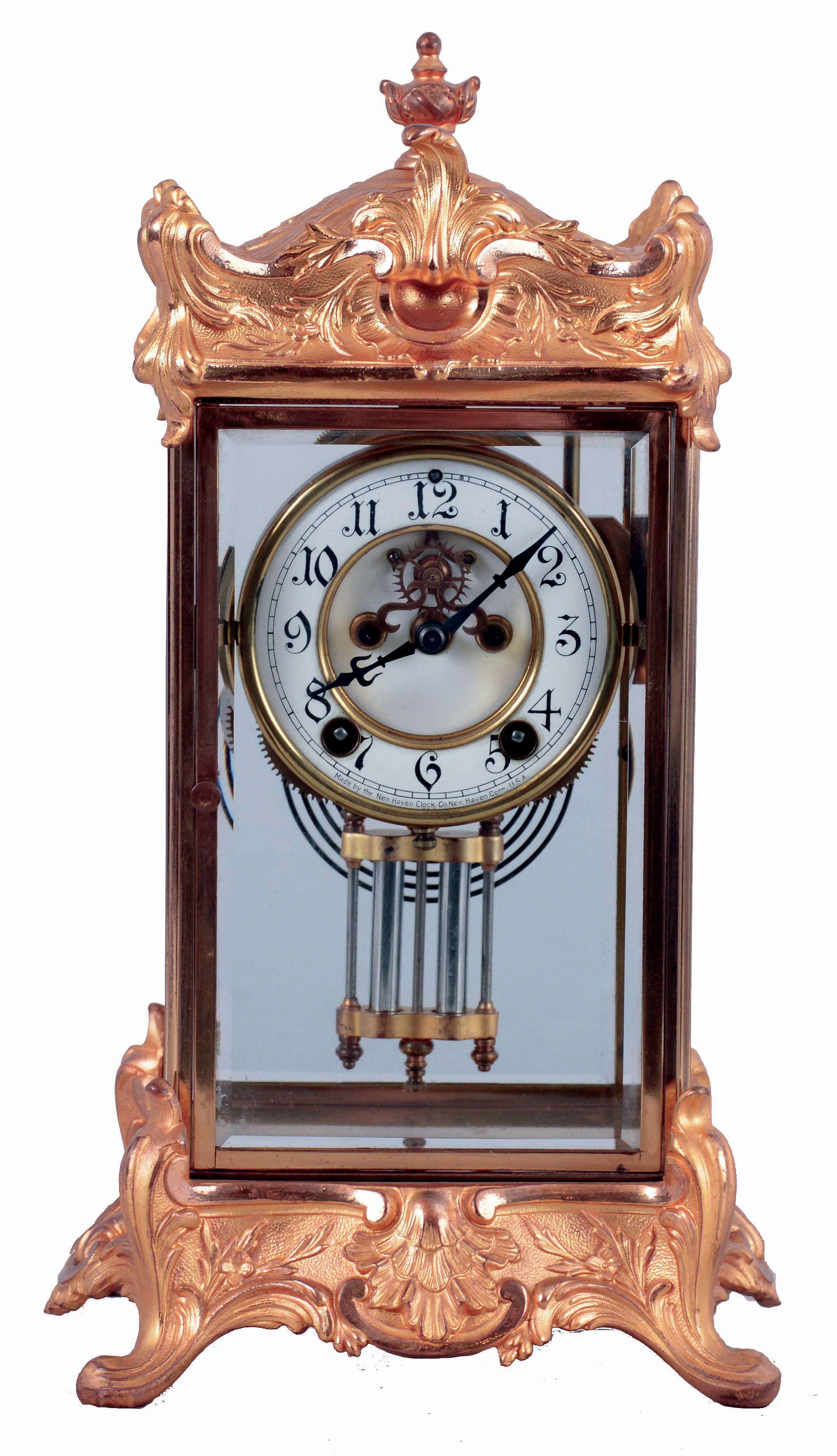 New Haven Clock Co., New Haven, Conn., "Thoreau", 8 days, time and strike, spring driven brass movement crystal regulator mantel clock, c1911 — Antique Clocks Price Guide