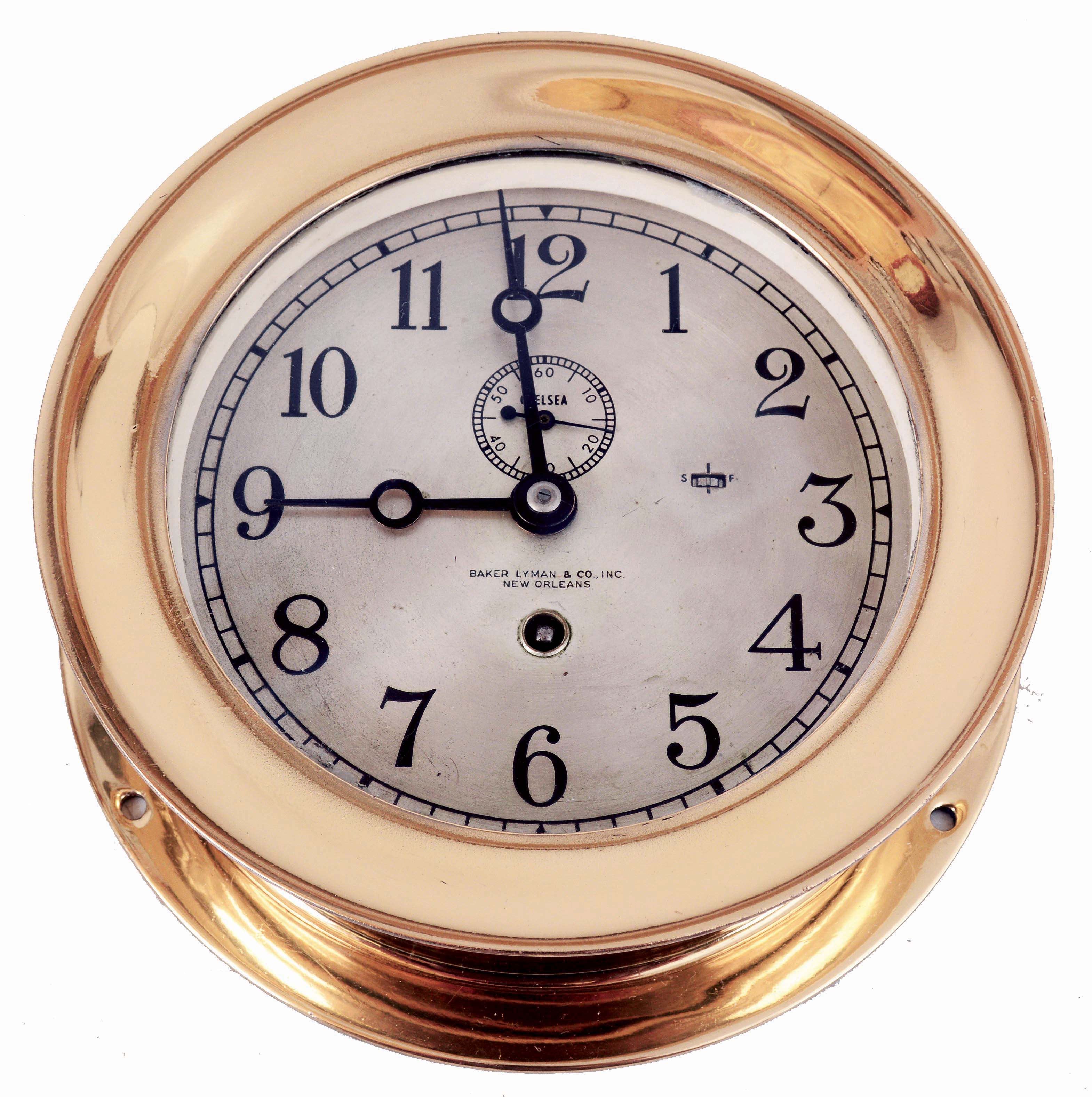 Chelsea Clock Co., Boston, Mass., 8 days, spring brass movement ward room wall timepiece retailed by Baker Lyman &amp; Co., Inc., New Orleans. serial #722440, c1968 — Antique Clocks Price Guide