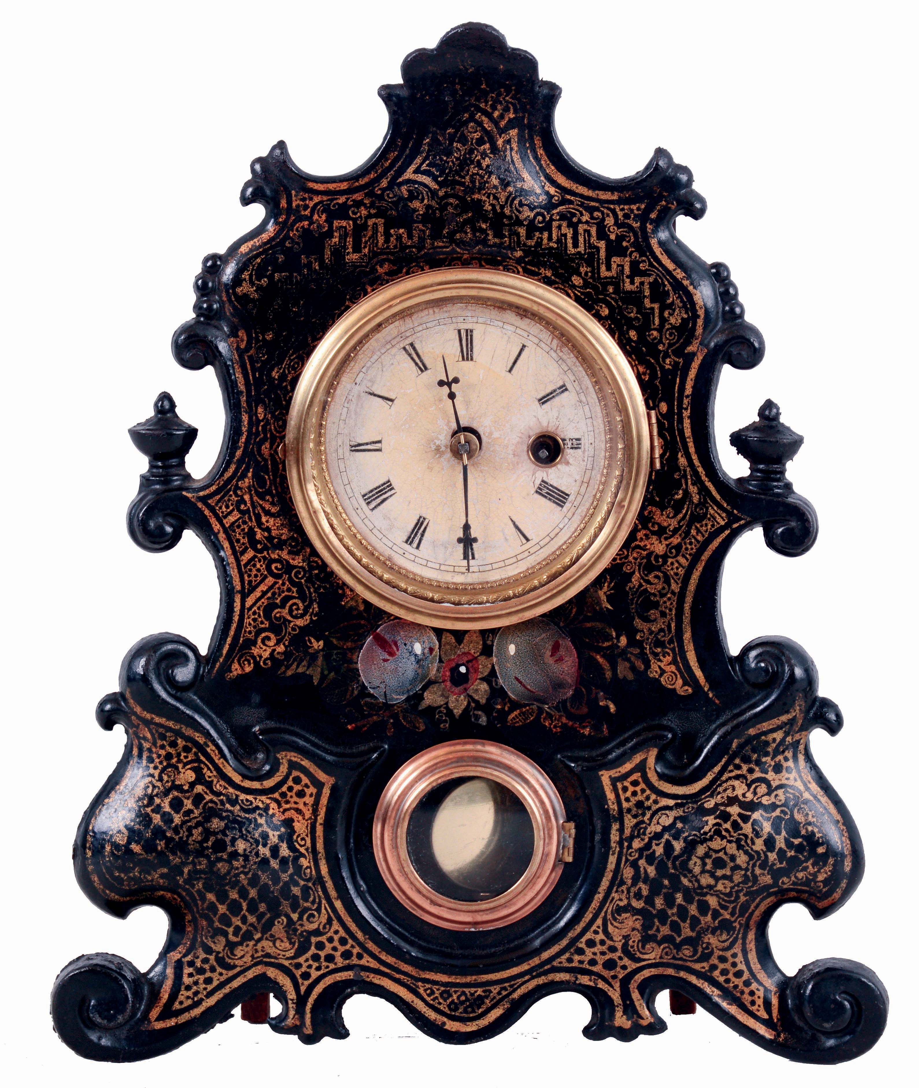American Clock Co., 3 Cortlandt St., New York, iron front shelf clock with gilt decor, with a spring driven, 30 hours, timepiece movement, c1855. — Antique Clocks Price Guide