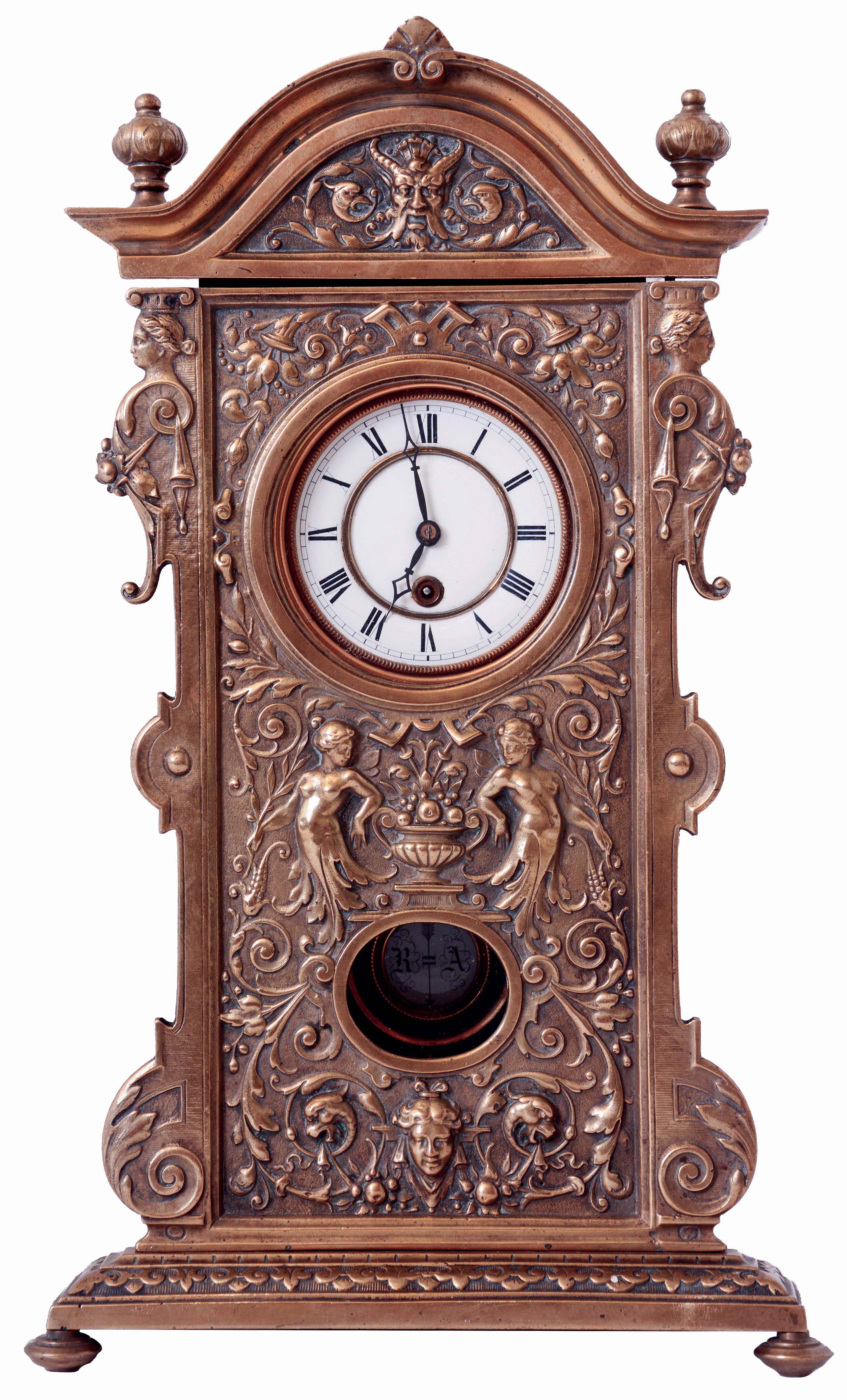 Gustav Becker, Germany, desk or table clock, the cast brass front ornamented in the Adamesque style, also with half caryatids, and arched top with satyr mask, the back of the top marked "Sim. K. Noch 13888", all mounted to an ebonized wooden case, with Roman numeral white enamel dial, black steel hands, 8 days timepiece movement, the back plate with Becker logo, R/A pendulum suspended from the top of the movement mounting bracket, c1890 — Antique Clocks Price Guide