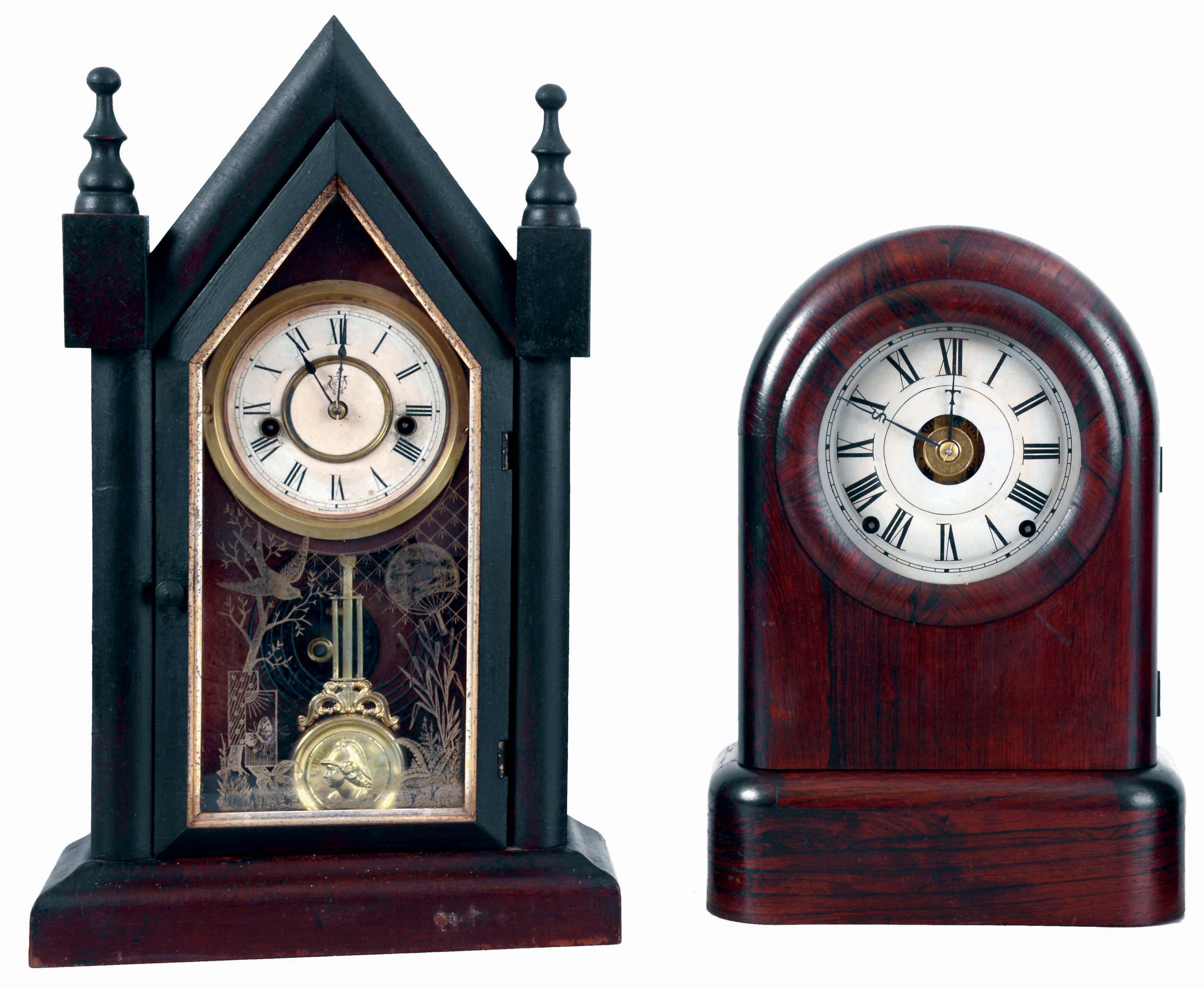 Clocks- 3 (Three): (1) Seth Thomas Clock Co., Thomaston, Conn., "Tudor", 8 days, time, strike and alarm, spring driven brass movement shelf clock, c1870. (2) Waterbury Clock Co., Waterbury, Conn., "Large Gothic, VP", 30 hours, time and strike, spring driven brass movement sharp gothic or steeple clock, c1880. (3) William L. Gilbert Clock Co., Winsted, Conn., 30 hours, time, strike and alarm, spring driven brass movement sharp gothic or steeple clock, c1880. — Antique Clocks Price Guide