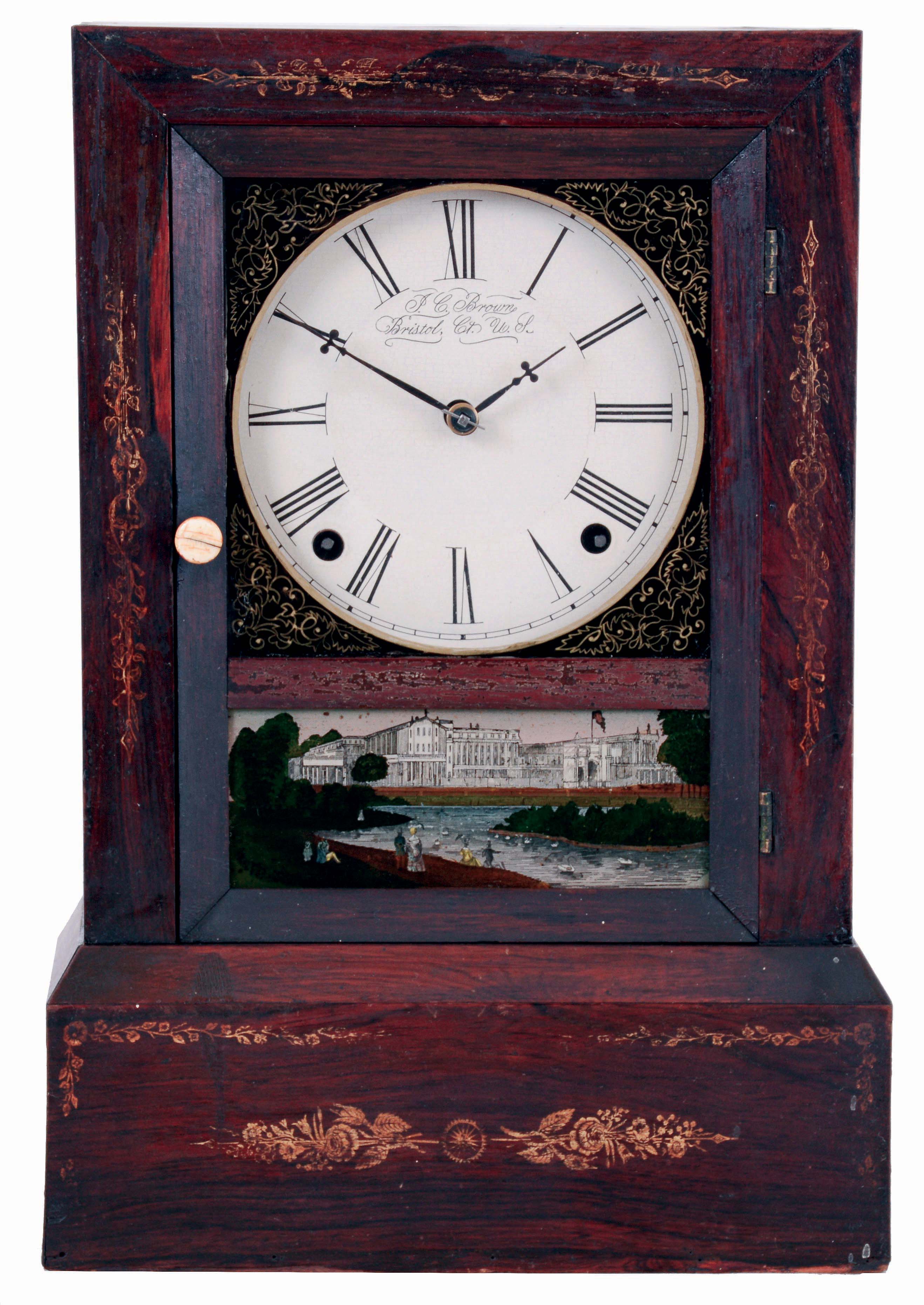 Forestville Manufacturing Co., J. C. Brown, Bristol. Conn. Cottage shelf clock in a rosewood veneered case with gilt decoration and a spring driven, 8 days, time and strike movement, c1850. — Antique Clocks Price Guide