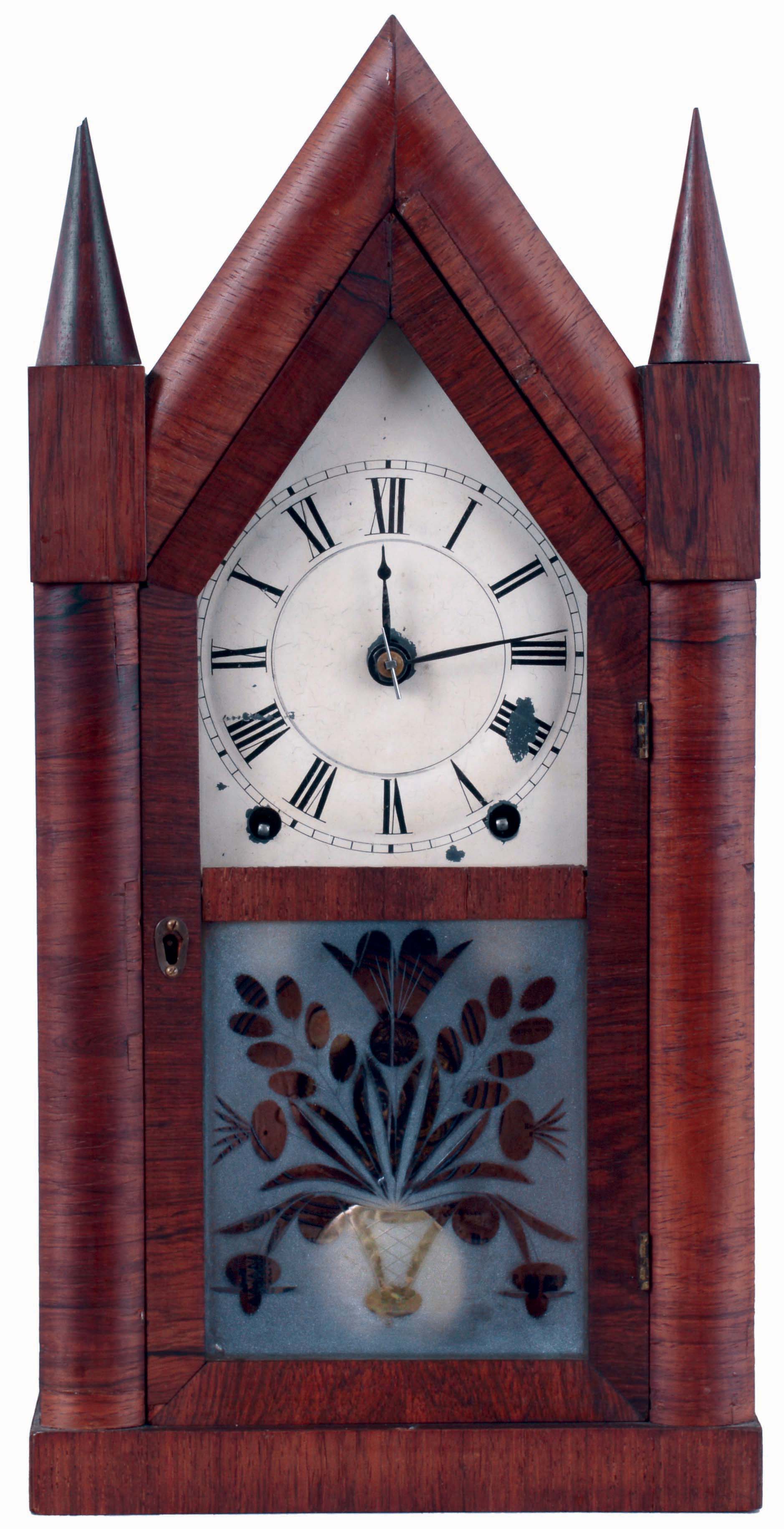 Brewster &amp; Ingrahams, Bristol, Conn., 8 days, time and strike, spring driven brass movement, back plate with iron spring cups sharp gothic or steeple clock, c1845 — Antique Clocks Price Guide