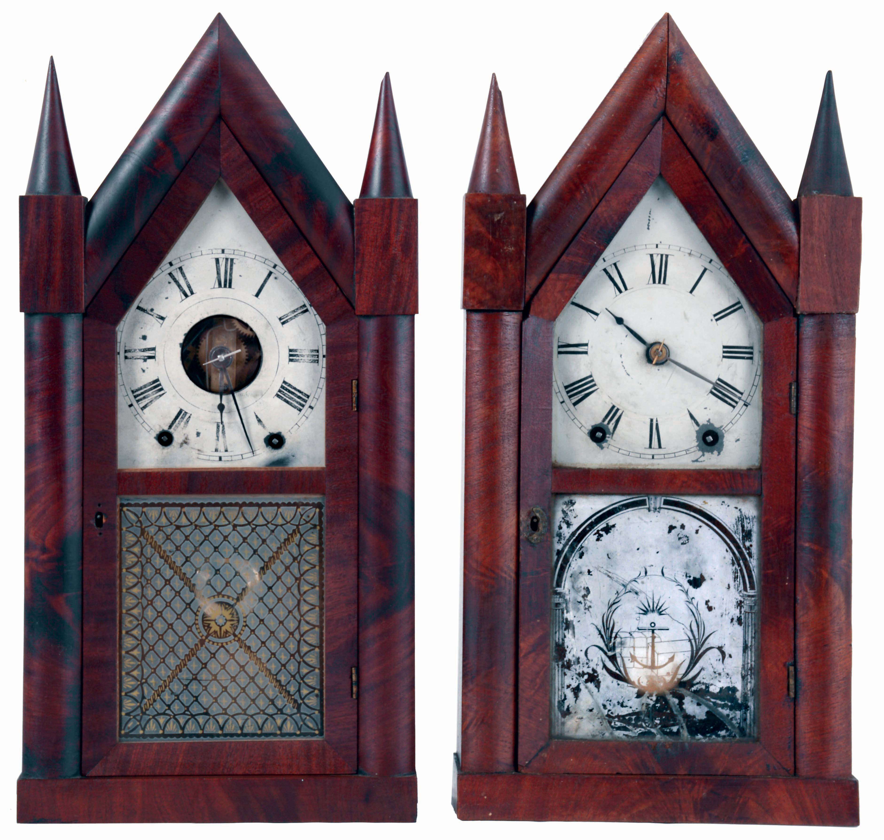 Clocks- 2 (Two): (1) Brewster &amp; Ingrahams, Bristol, Conn., 30 hours, time and strike, spring driven brass iron back plate movement sharp gothic or steeple clock. (2) Brewster &amp; Ingrahams., Bristol, Conn., 30 hours, time and strike, spring driven brass iron back plate movement sharp gothic or steeple clock, both c1845. — Antique Clocks Price Guide