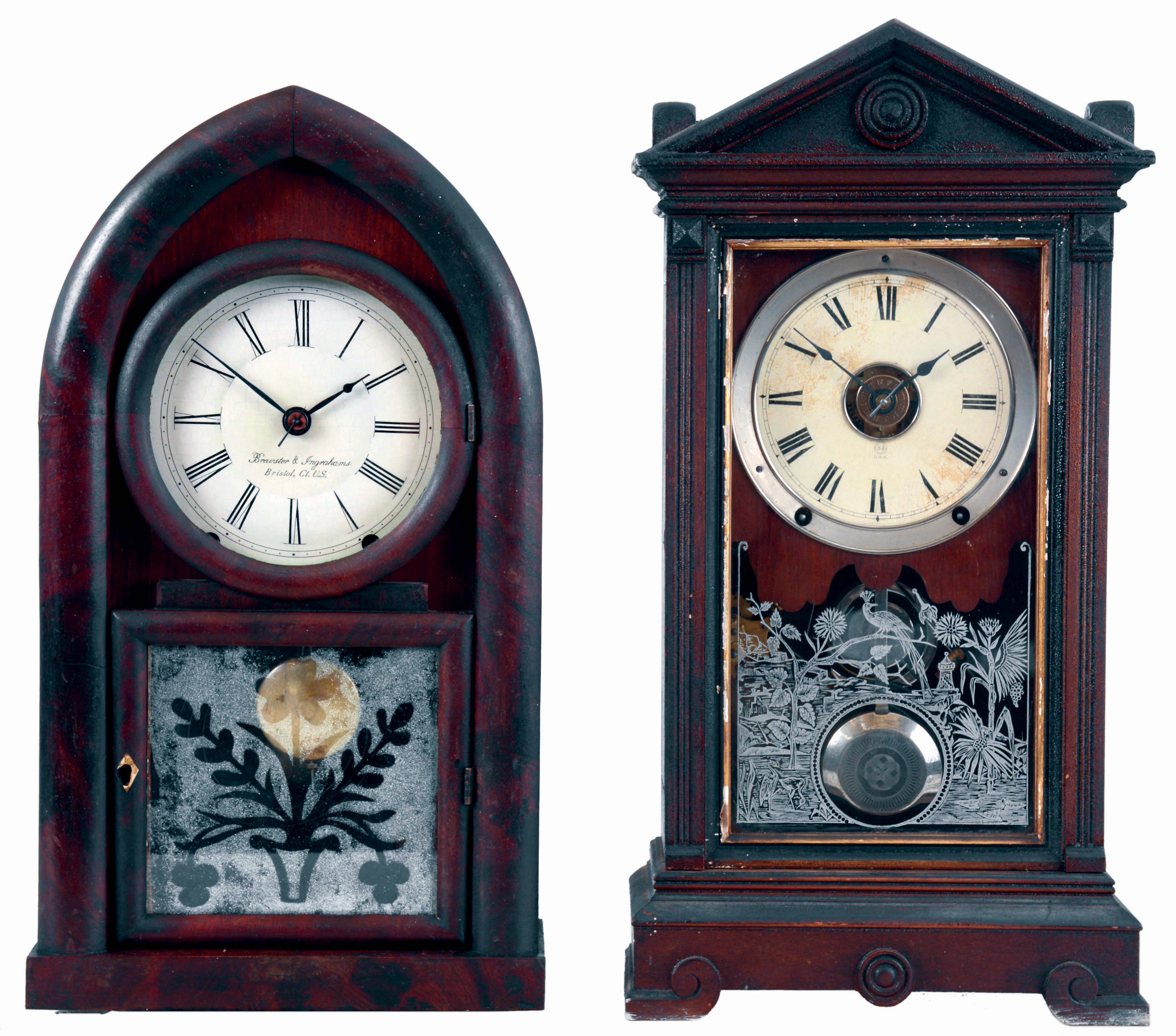 Clocks- 2 (Two): (1) Seth Thomas Clock Co., Thomaston, Conn., "Albany" shelf clock in a walnut case with a spring driven, 8 days, time, strike and alarm movement, c1888. (2) Brewster &amp; Ingrahams, Bristol, Conn., Beehive shelf clock in a mahogany case with a spring driven, 8 days, time and strike movement, c1850. — Antique Clocks Price Guide