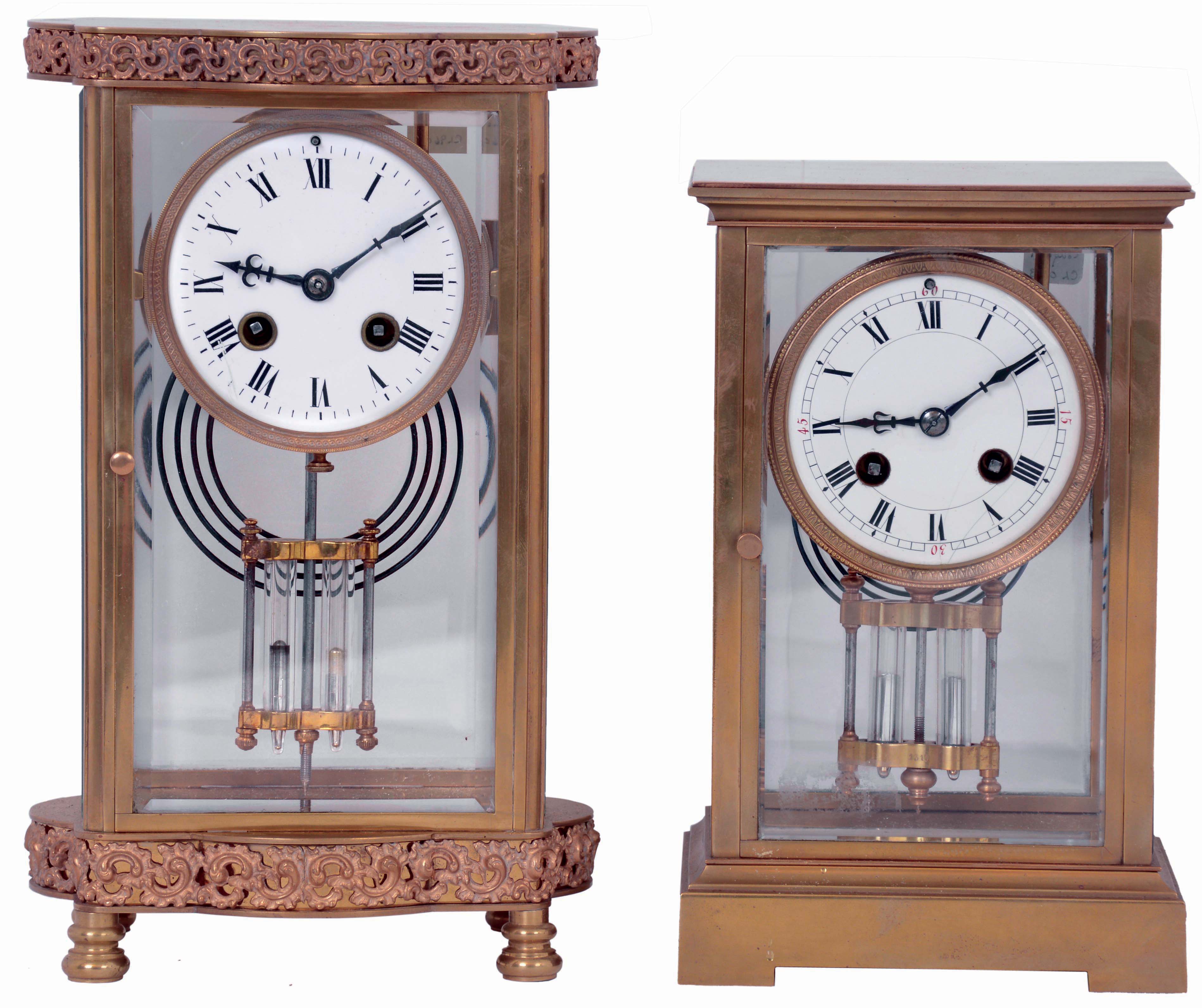 Clocks- 2 (Two):(1) French, 8 days, time and strike, spring driven brass movement crystal regulator mantel clock. (2) French, H&amp;H (probably for Harris &amp; Harrington), 8 days, time and strike, spring driven brass movement crystal regulator mantel clock, both c1900. — Antique Clocks Price Guide