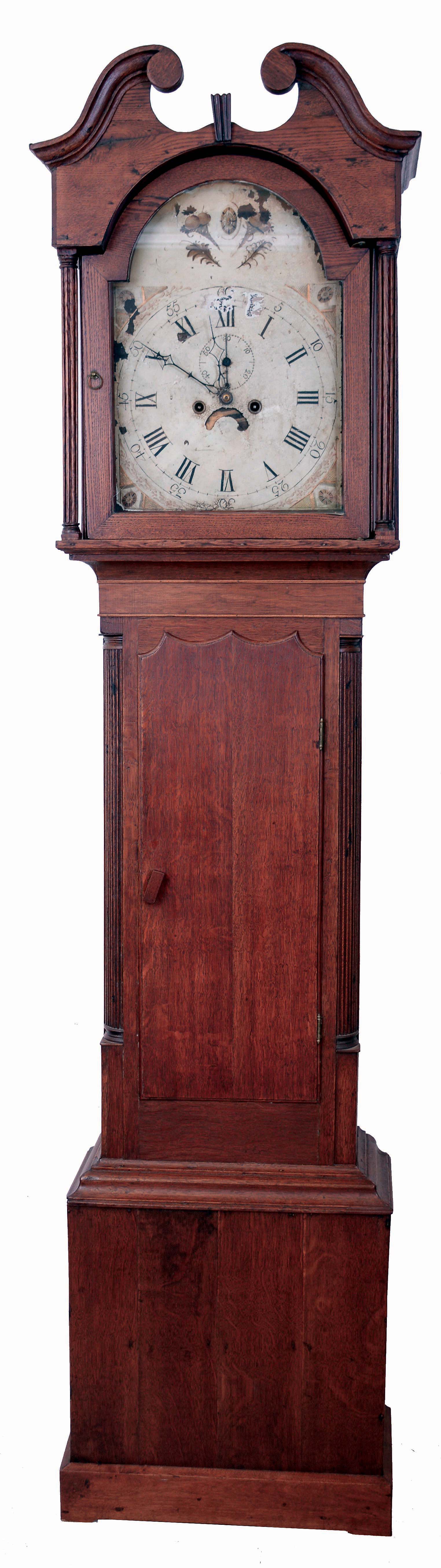 English unsigned tall clock, 8 days, time and strike, weight driven movement in an oak case with broken arch and painted iron dial, c1830 — Antique Clocks Price Guide