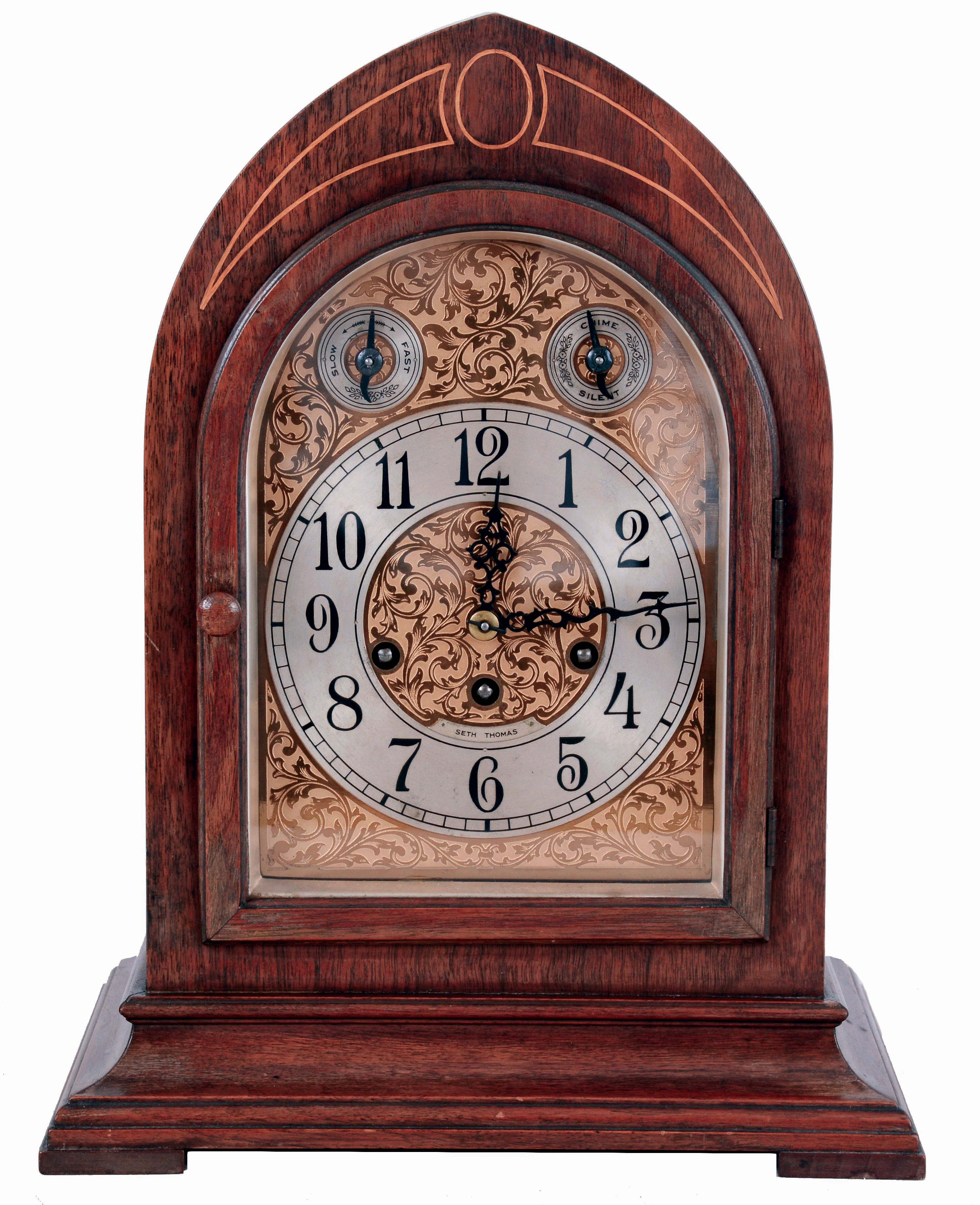 Seth Thomas Clock Co., Thomaston, Conn., "Chime Clock No. 70" mantel clock in a walnut case with a spring driven, 8 days, time and Westminster strike movement (no. 113A), c1928. — Antique Clocks Price Guide