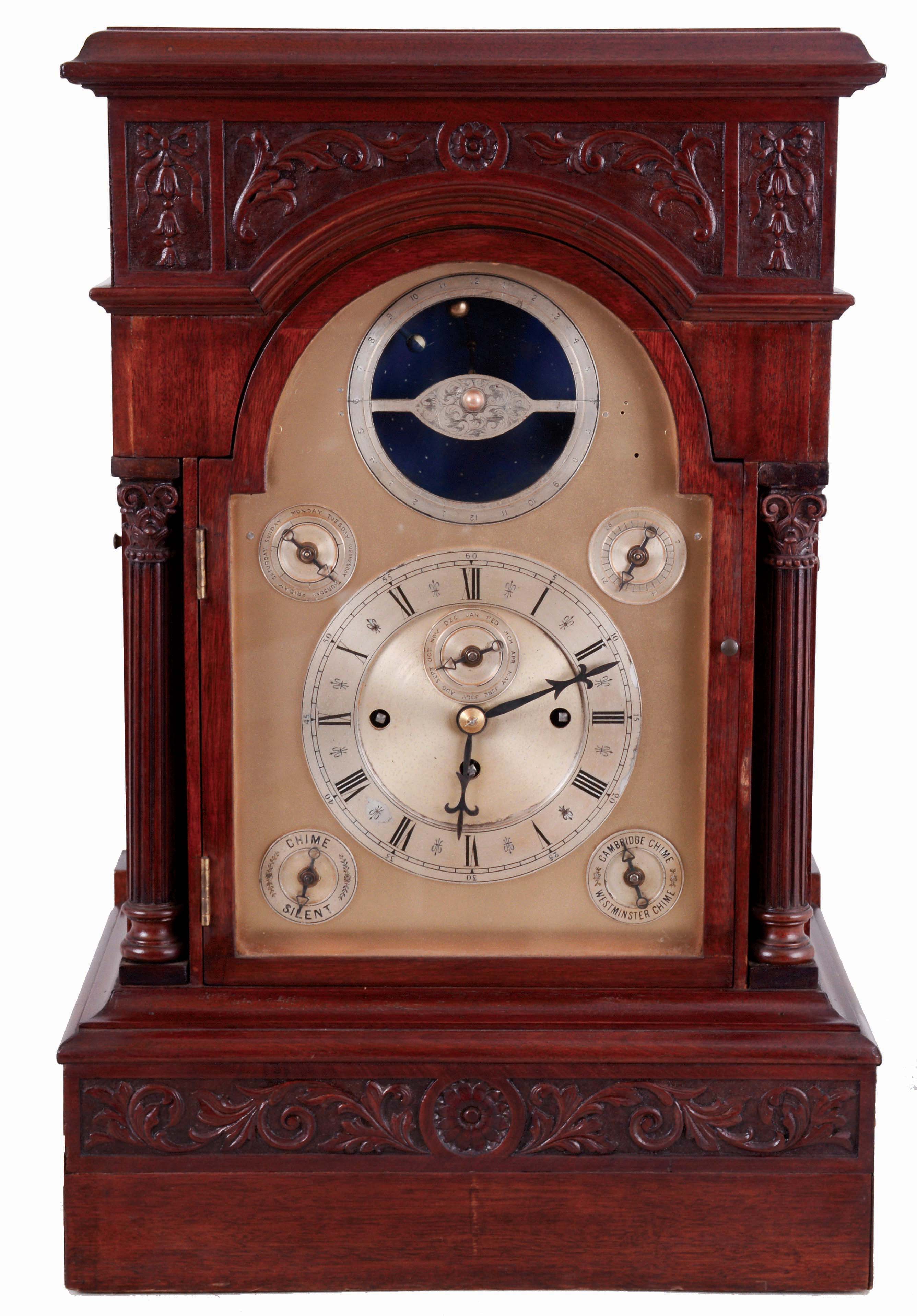 English, rare tellurium chiming clock movement with vertical orrery, NOW ASSOCIATED with a modified mahogany case, the three train movement with calendar indications, months above center shaft, days of the week to the left, and date to the right, c1890. — Antique Clocks Price Guide