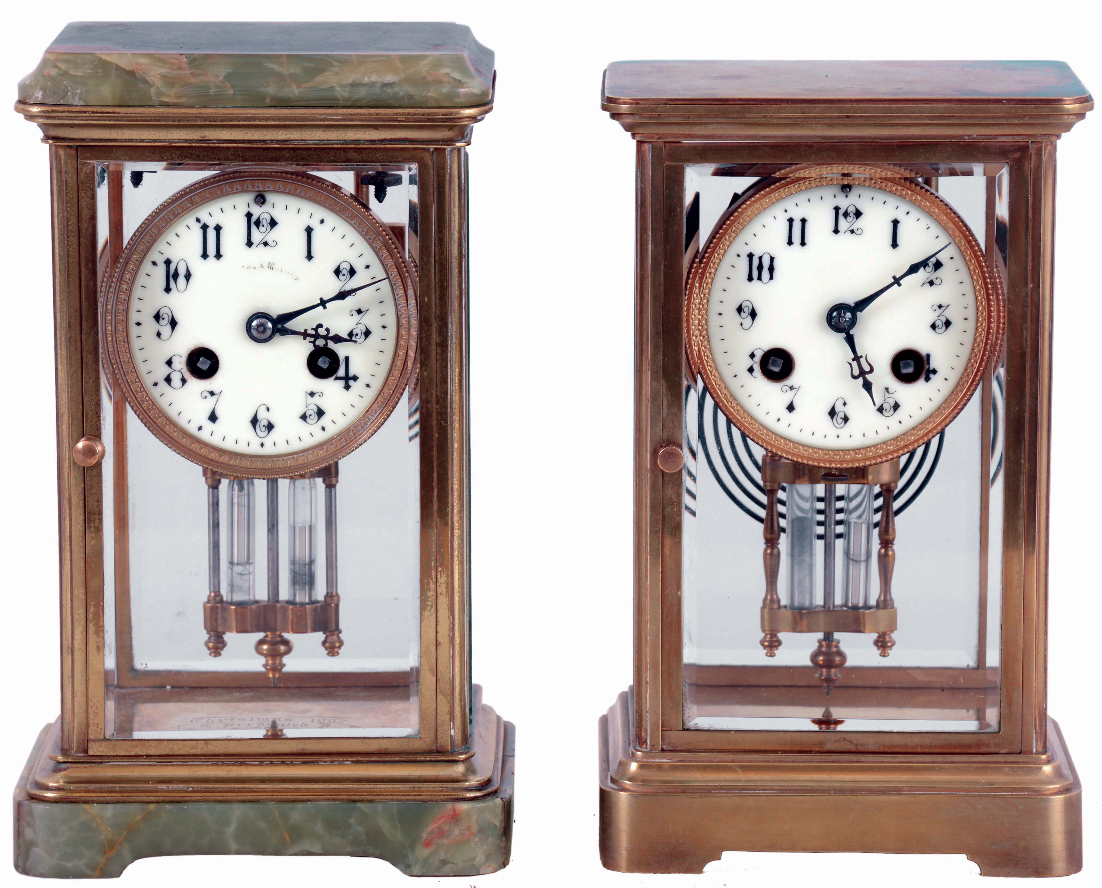 Clocks- 2 (Two): (1) French, Japy Freres, 8 days, time and strike, spring driven brass movement crystal regulator mantel clock. (2) French, 8 days, time and strike, spring driven brass movement brass and onyx crystal regulator mantel clock, both c1905. — Antique Clocks Price Guide