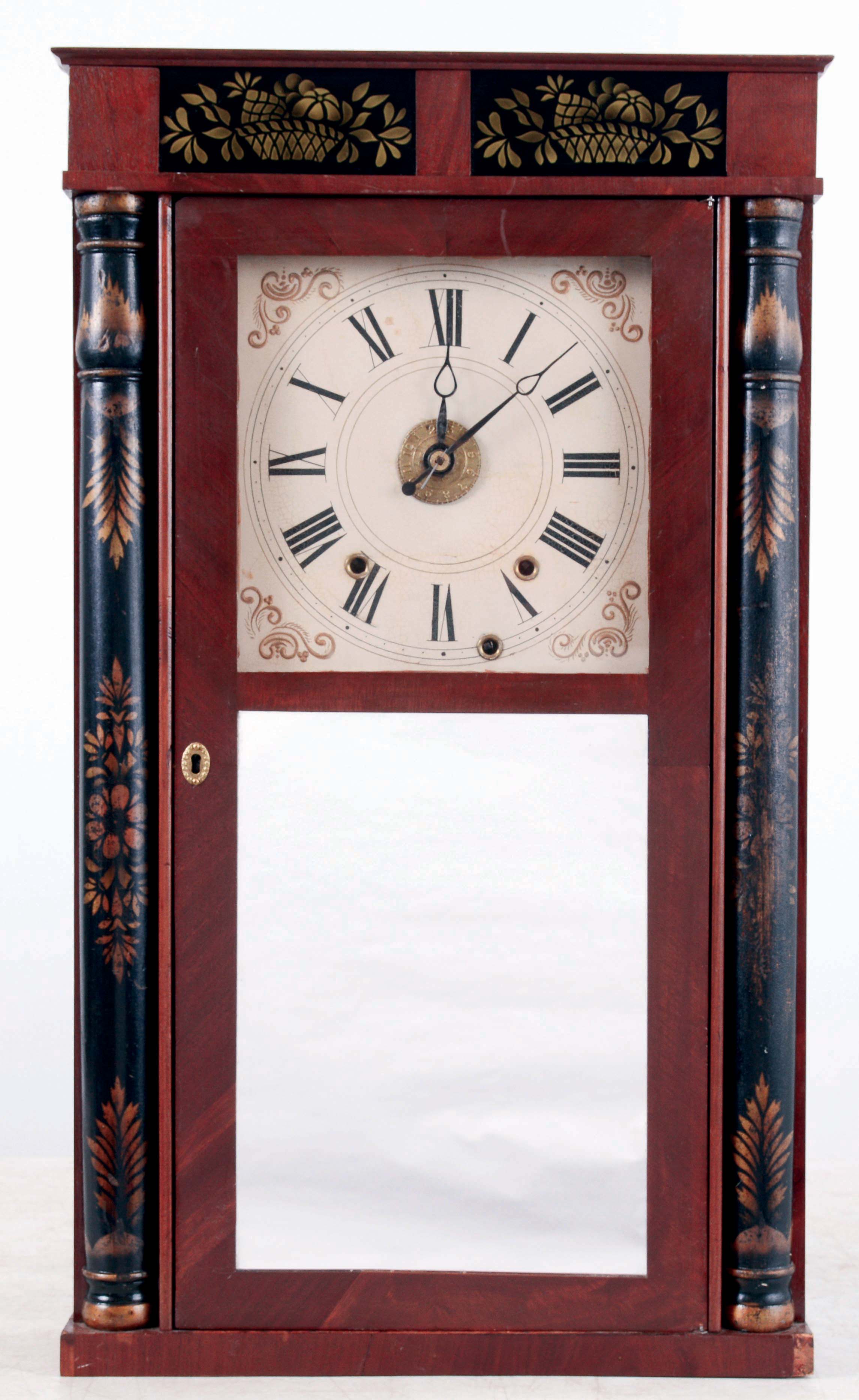 Henry Terry &amp; Co., Plymouth, Conn., 30 hours, time, strike and alarm, weight driven wood movement shelf clock, c1833 — Antique Clocks Price Guide